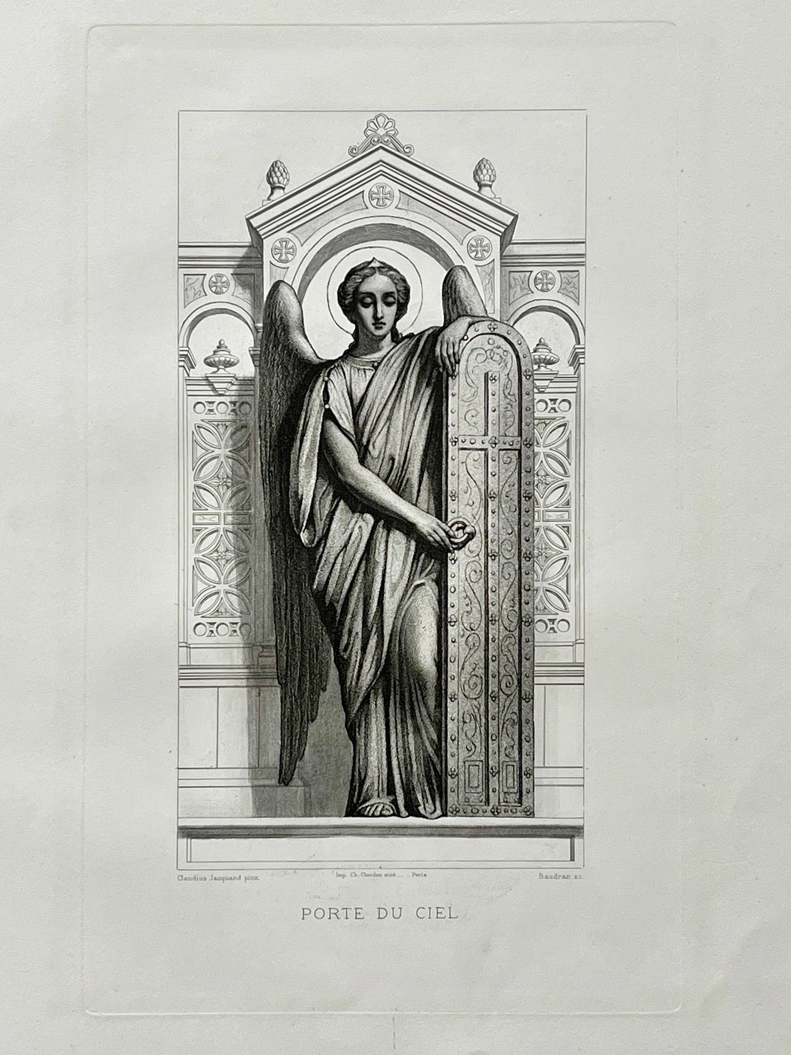 Antique French Religious Etching After Claudius Jacquand Angel Sky Gate: Original Antique Etching. Printed in France. Thick paper. Size: 18.5 X 12 inches approx. UNFRAMED. Age toning, foxing, edge roughness, refer to pictures for details. SHIPPING IN THE U.S VIA USPS PRIOR
