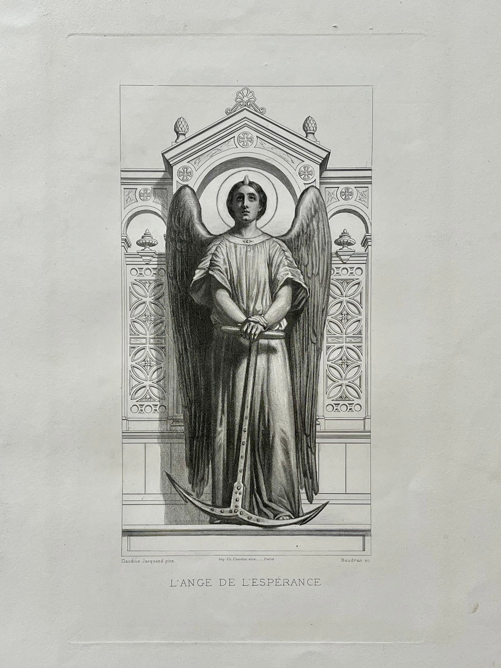 Antique French Religious Etching After Claudius Jacquand Angel of Hope: Original Antique Etching. Printed in France. Thick paper. Size: 18.5 X 12 inches approx. UNFRAMED. Age toning, foxing, edge roughness, refer to pictures for details. SHIPPING IN THE U.S VIA USPS PRIOR