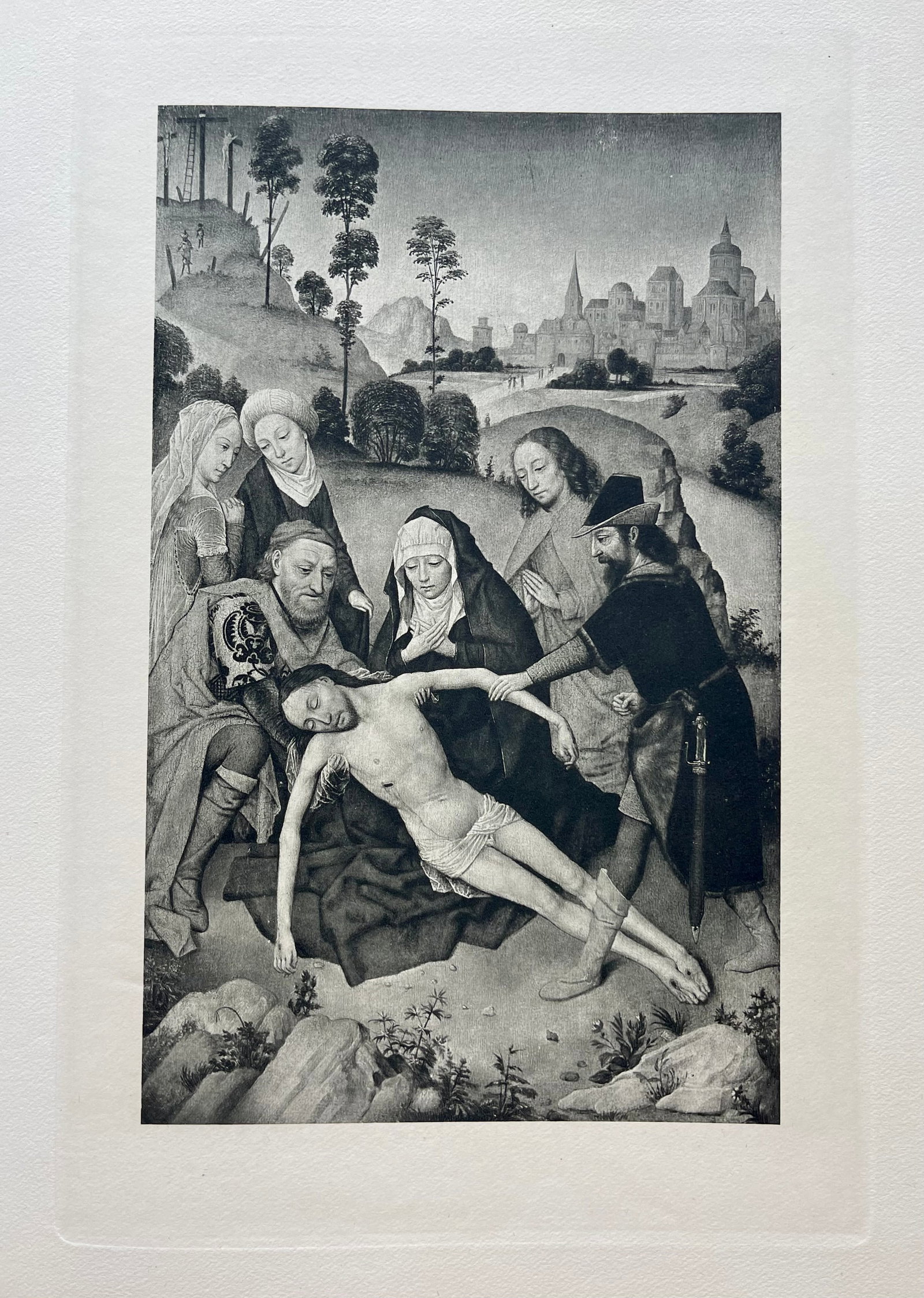 LARGE PRINT AFTER SIMON MARMION JESUS ENTOMBMENT: Size: 19 X 15 INCHES APPROX. UNFRAMED. Printed in Paris Ca 1928. Shipping In the U.S via USPS Priority Mail $20