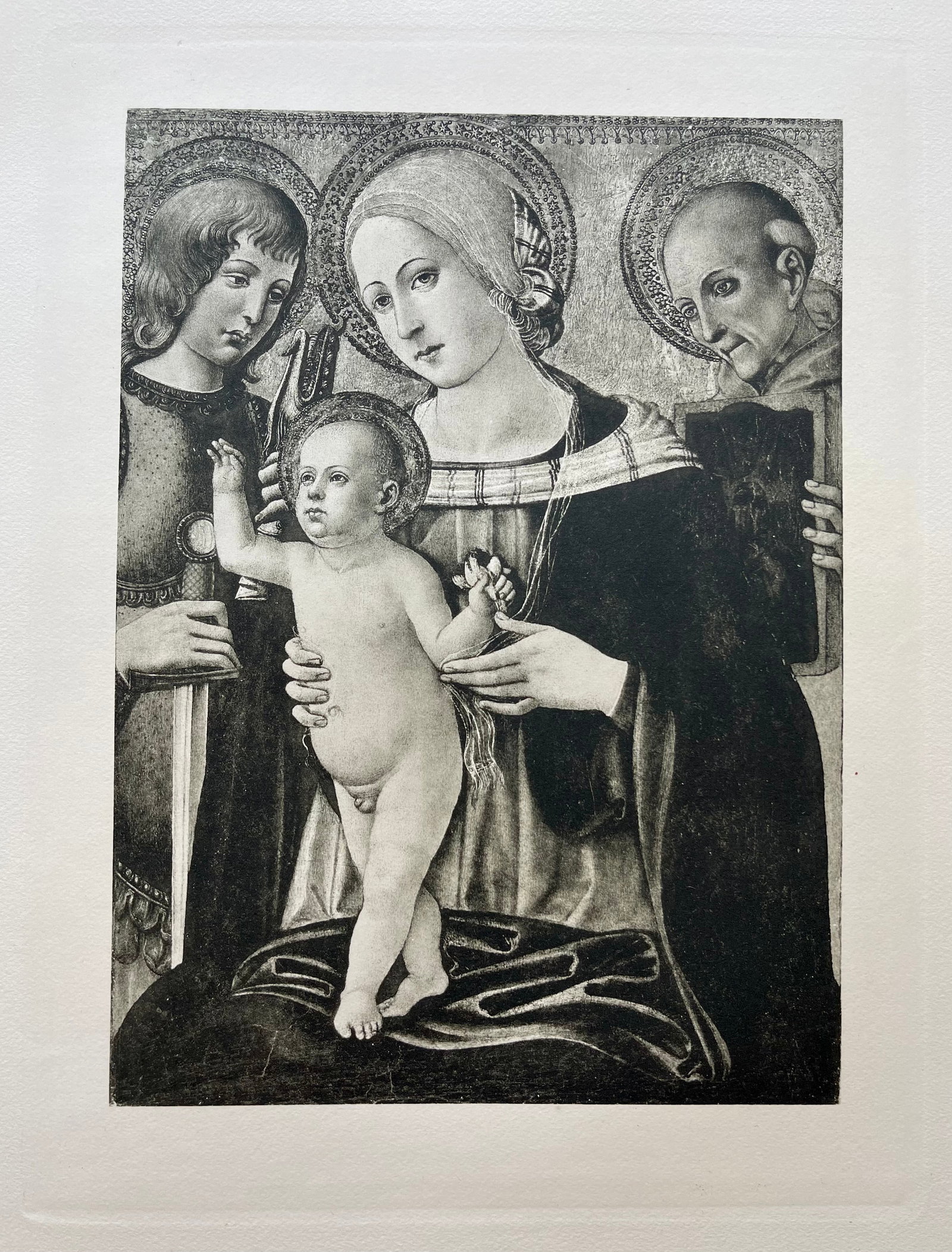 LARGE ETCHING AFTER GIROLAMO DI BIENVENUTO MADONNA: Size: 19 X 15 INCHES APPROX. UNFRAMED. Printed in Paris Ca 1928. Shipping In the U.S via USPS Priority Mail $20