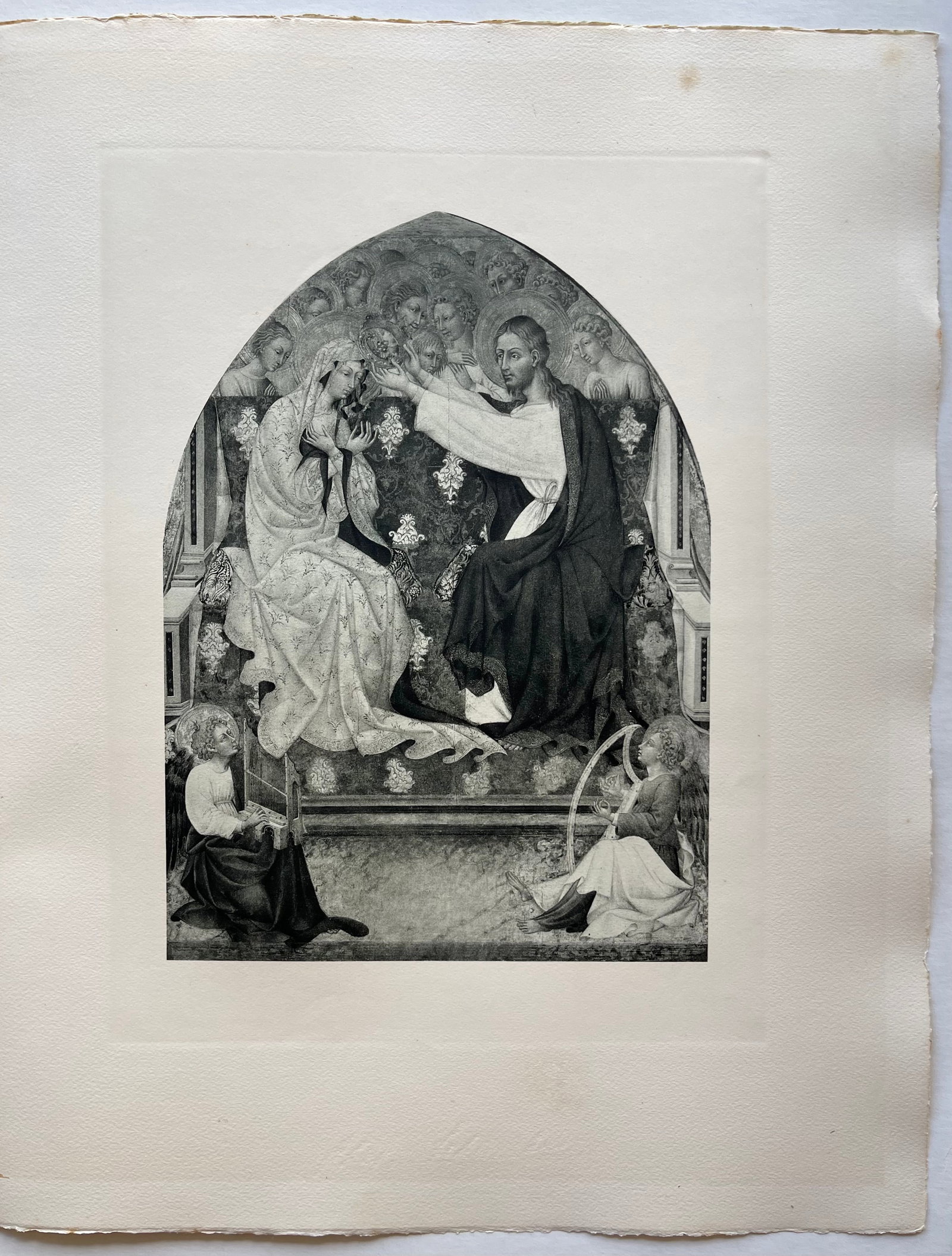 LARGE ETCHING AFTER GIOVANNI DI PAOLO CORONATION VIRGIN: Size: 19 X 15 INCHES APPROX. UNFRAMED. Printed in Paris Ca 1928. Shipping In the U.S via USPS Priority Mail $20