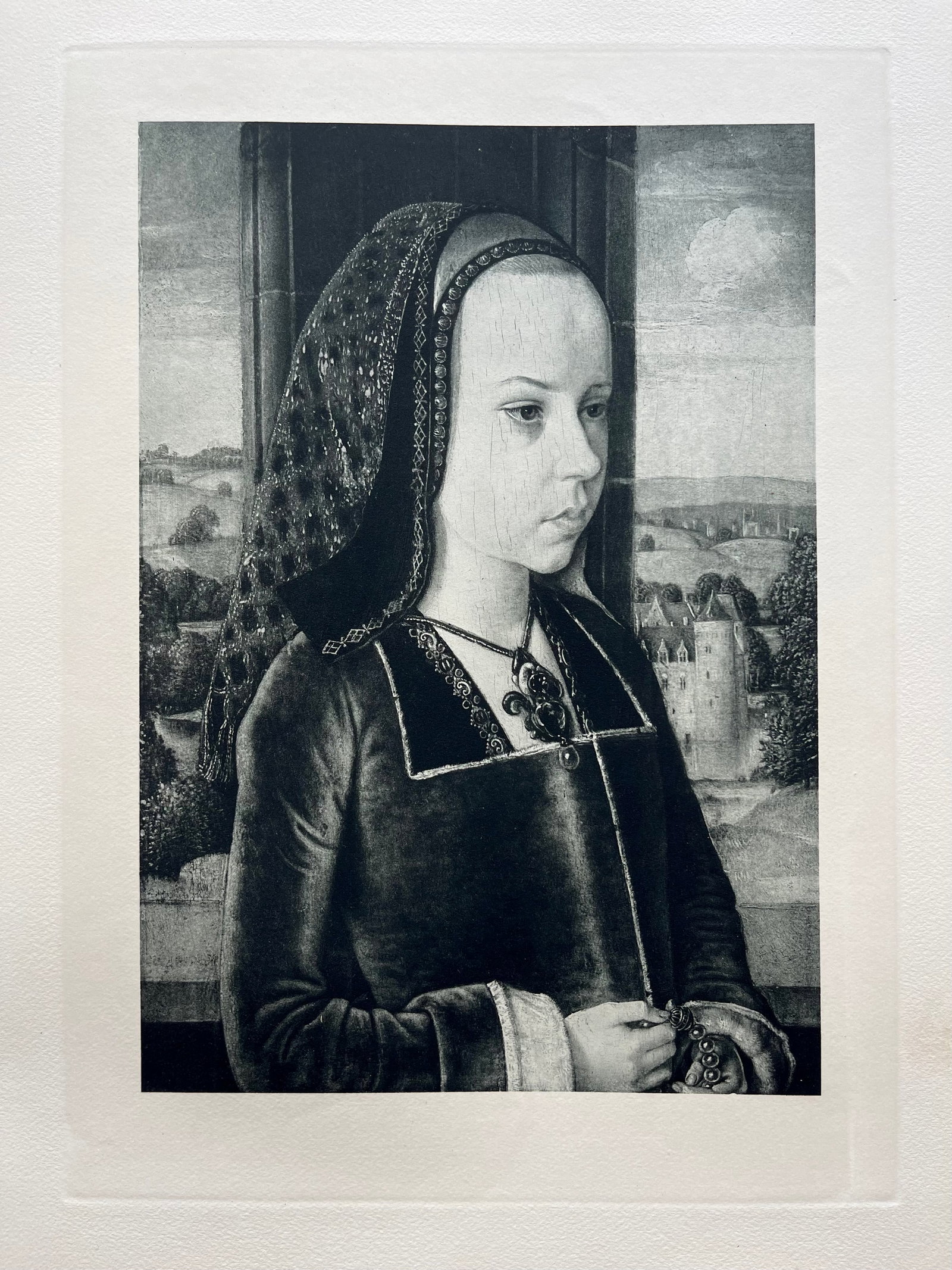 ETCHING AFTER LE MAITRE DE MOULINS SUZANNE DE BOURBON: Size: 19 X 15 INCHES APPROX. UNFRAMED. Printed in Paris Ca 1928. SHIPPING IN THE U.S VIA USPS PRIORITY MAIL $20