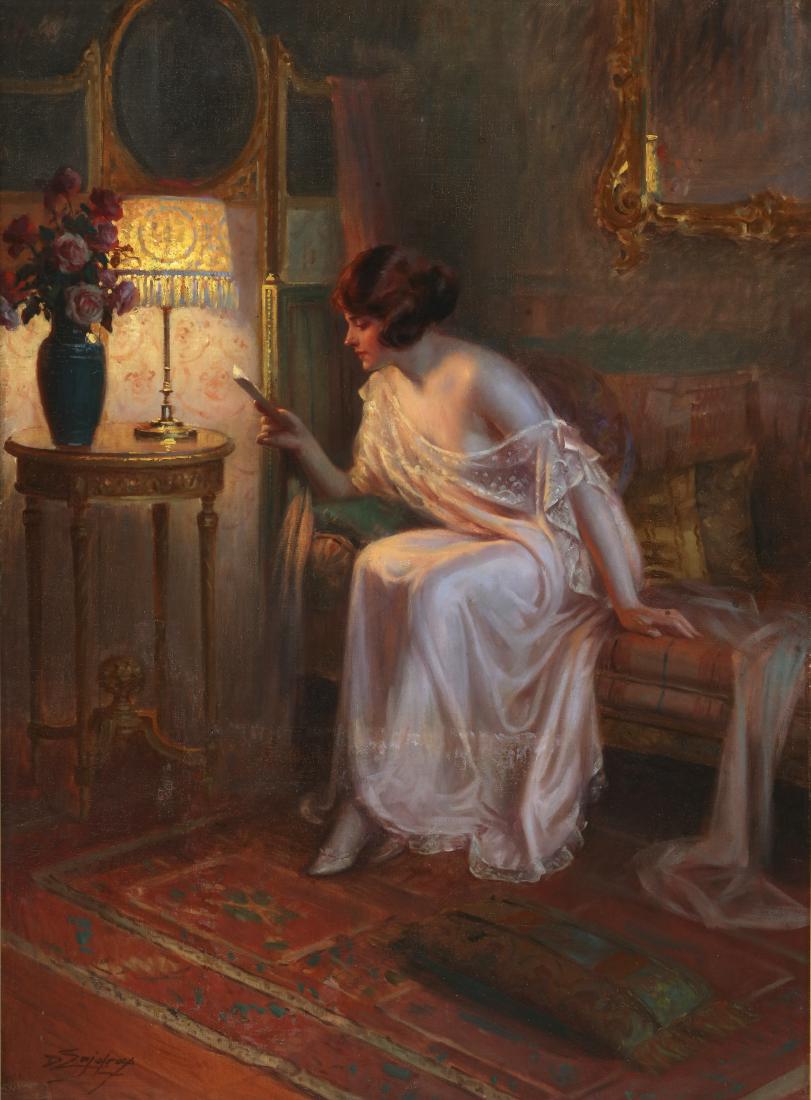 Delphin Enjolras (1857-1945) Le Billet-douxHuile sur: Delphin Enjolras (1857-1945) Le Billet-douxHuile sur toileSignÃ©e en bas Ã gauche73 x 54 cmBeau cadre en bois stuquÃ© et dorÃ© de style Louis XIII Rentoilage, petite restauration