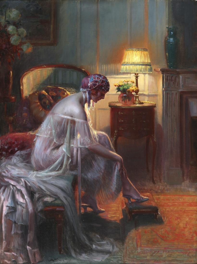 Delphin Enjolras (1857-1945) Elegante remontant son: Delphin Enjolras (1857-1945) Elegante remontant son basHuile sur toileSignÃ©e en bas Ã gauche73 x 54 cmToile d'origineBeau cadre en bois stuquÃ© et dorÃ© de style RÃ©gence