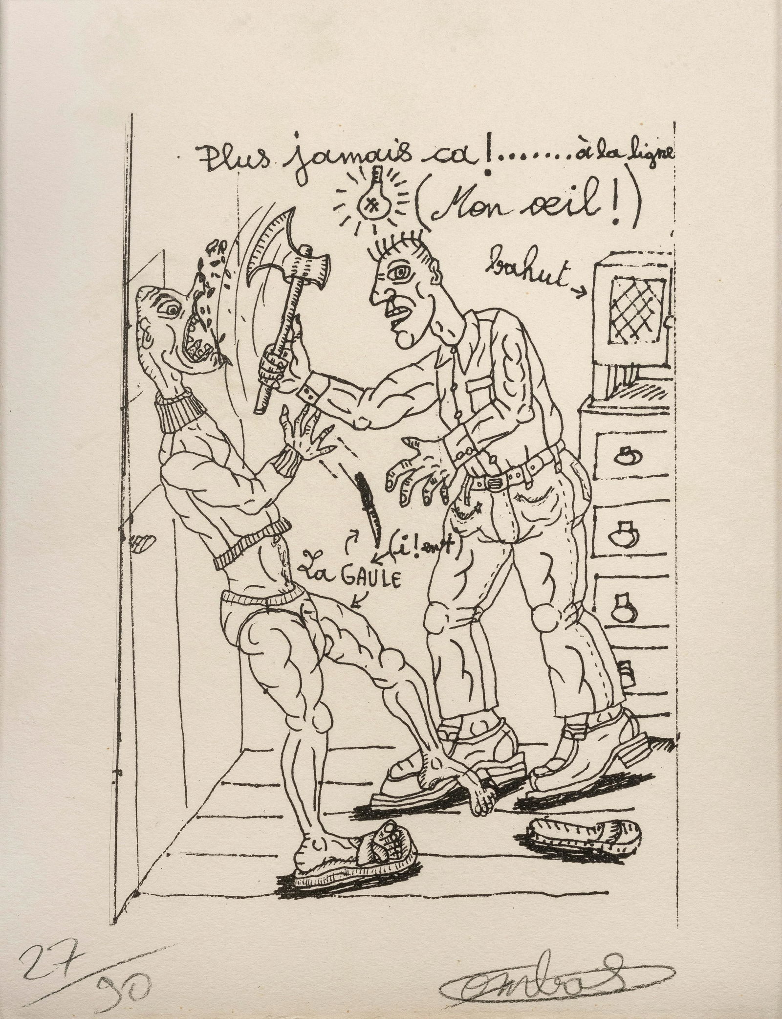 Robert Combas (né en 1957): Never again !...at the line (My eye!), 2013 Lithograph on paper signed lower right and numbered 56/90 lower left 24 x 32 cm Français: Plus jamais ça !...à la ligne (Mon oeil!), 2013 Lit