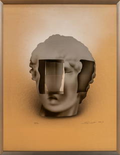 Sacha Sosno (1937-2013): Cancelled Apollo's head, 2003 Metal engraving on cardboard signed and dated lower right and numbered 9/50 lower left 60 x 40 cm Français: Tête d'Apollon oblitérée, 2003 Métalo