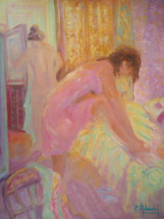 Elyane ADDARI: Elyane ADDARI La Toilette Huile sur toile Signée en bas à droite Signée et titrée au dos Sur toile 15F soit 65 x 54 cm PROVENANCE : Galerie de l'Orangerie, Paris Très bon 