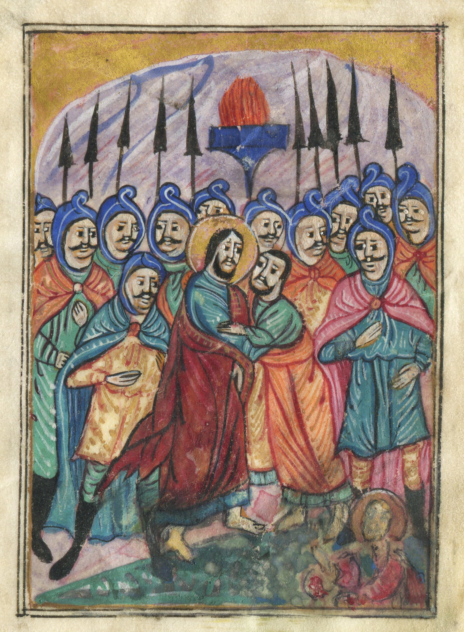 Arts of Armenia: MINIATURE THE ARREST OF JESUSMiniature on vellum.Constantinople, 17th century.Page dimensions: 13.2 x 9.5 cm.Miniature size : 9 x 6.5 cm.Slight alteration of the painting in the lower right, due to a 