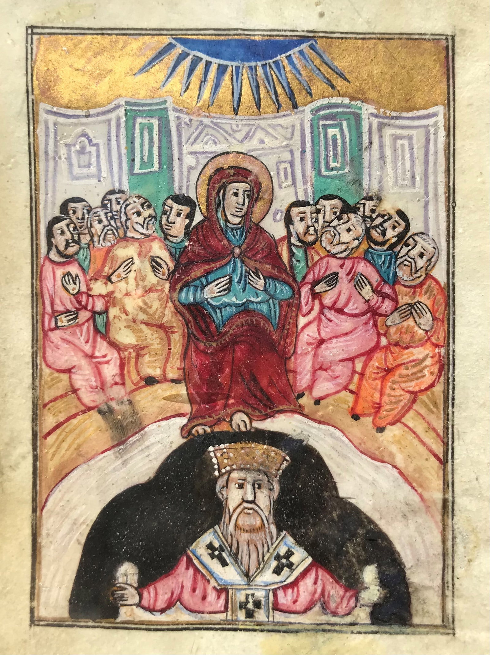Arts of Armenia: MINIATURE PENTECOSTMiniature on vellum.Constantinople, 17th century.Page dimensions : 11.2 x 8.3 cm.Dimensions of miniature: 9 x 6.5 cm.The Virgin Mary, surrounded by the apostles, is rarely depicted 