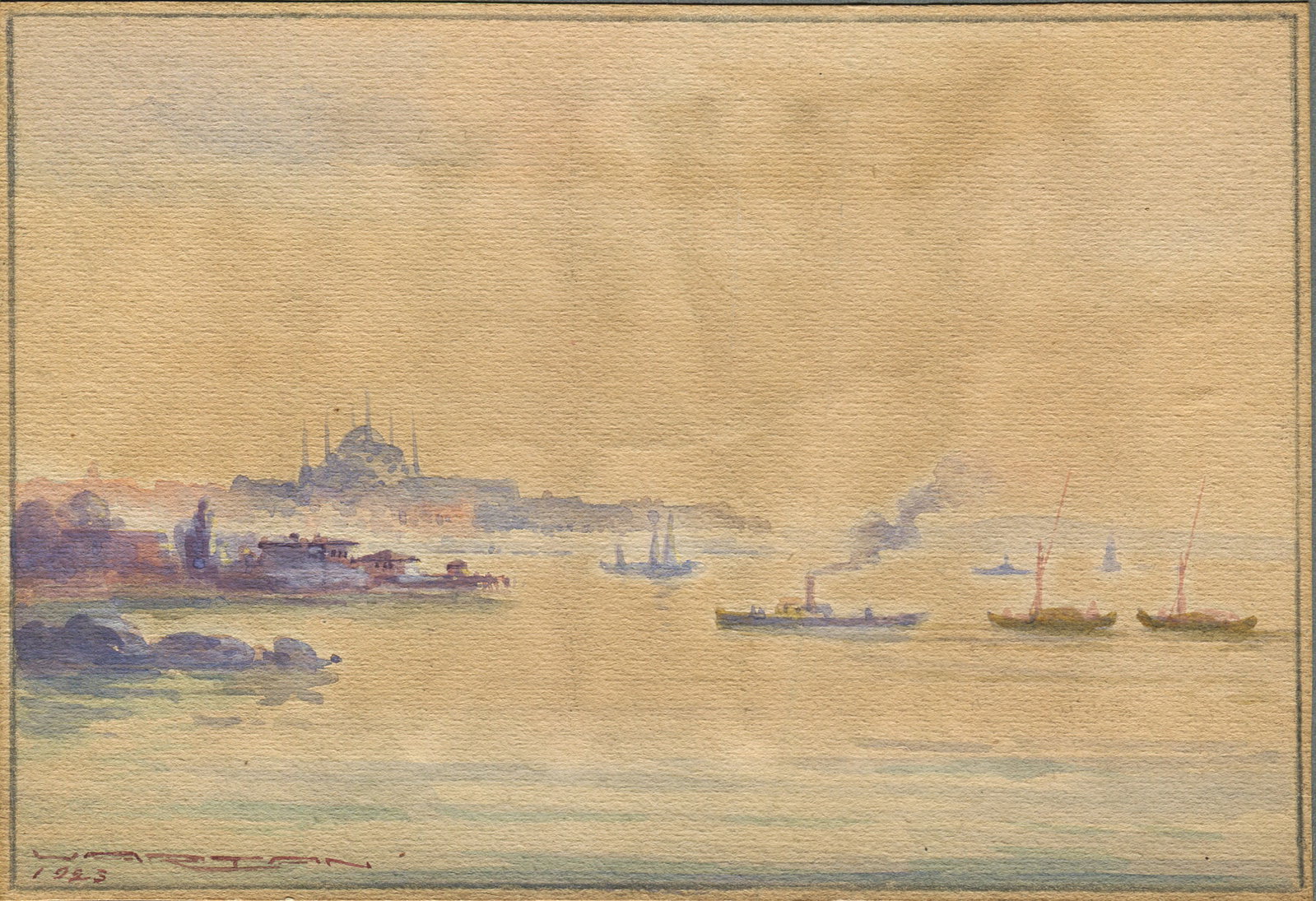 Arts of Armenia: Wartan MAHOKIAN (1869-1937)View of Constantinople, 1923.Watercolor signed Wartan and dated lower left.12 x 17.5 cm.Framed under glass.