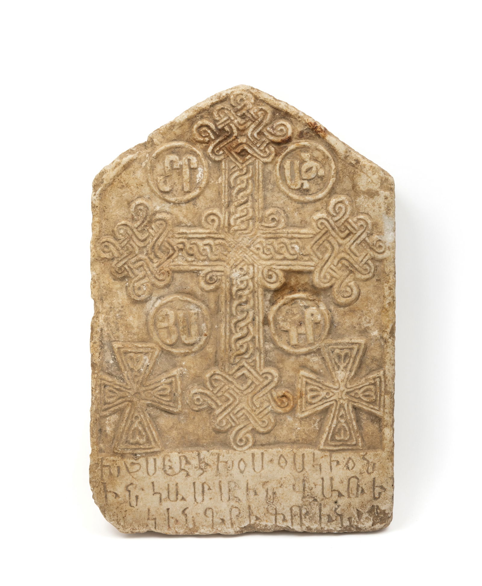 Khatchkar (stone cross), 14th-15th centuryA typical commemorative stone for Armenian pilgrims who: Khatchkar (stone cross), 14th-15th centuryA typical commemorative stone for Armenian pilgrims who have visited a holy site.Large central cross with interlacing decoration surrounded by four circles fe