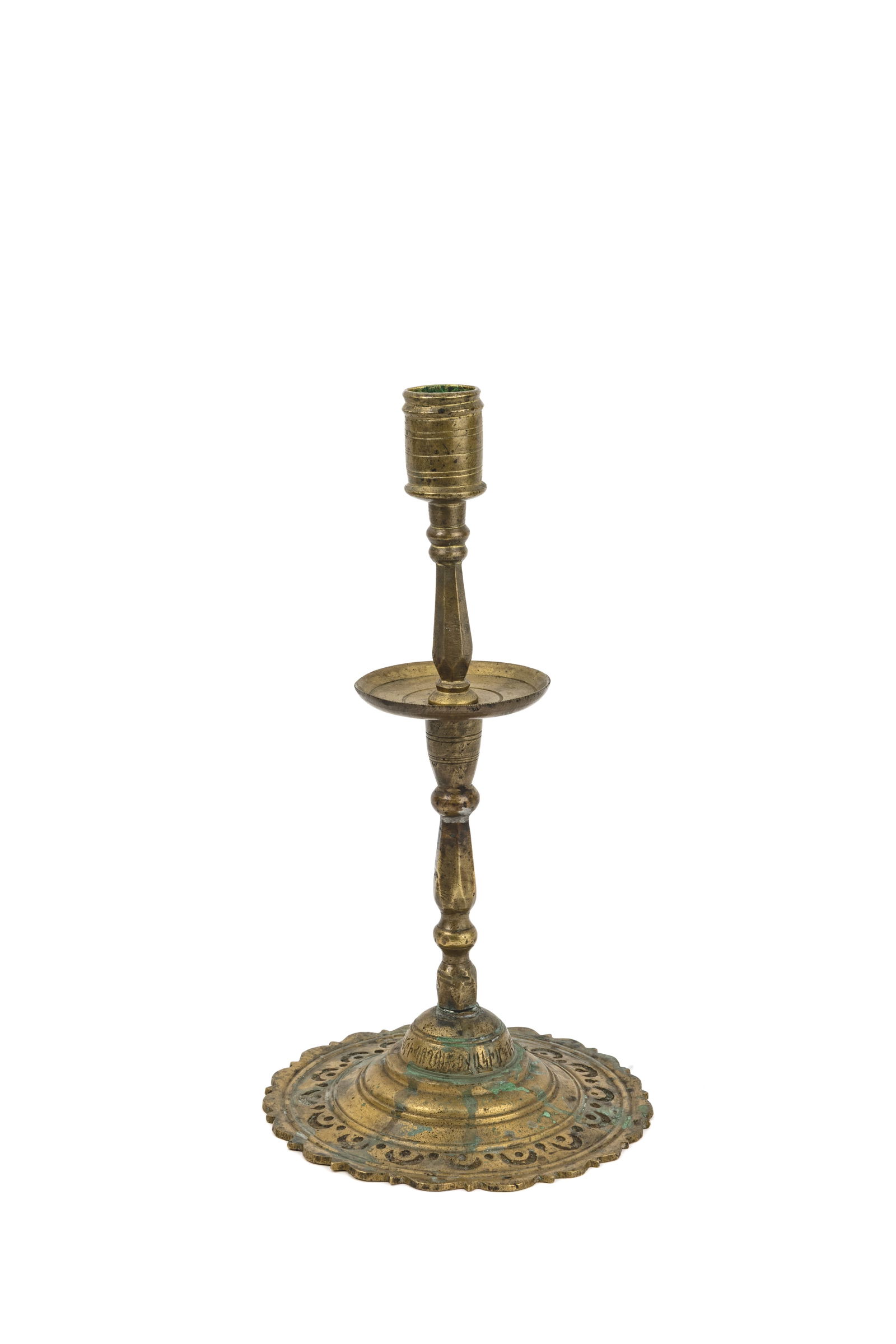 Copper candlestick with round base. Armenian inscription on base.Armenia, 19th century.Height: 28: Copper candlestick with round base. Armenian inscription on base.Armenia, 19th century.Height: 28 cm.