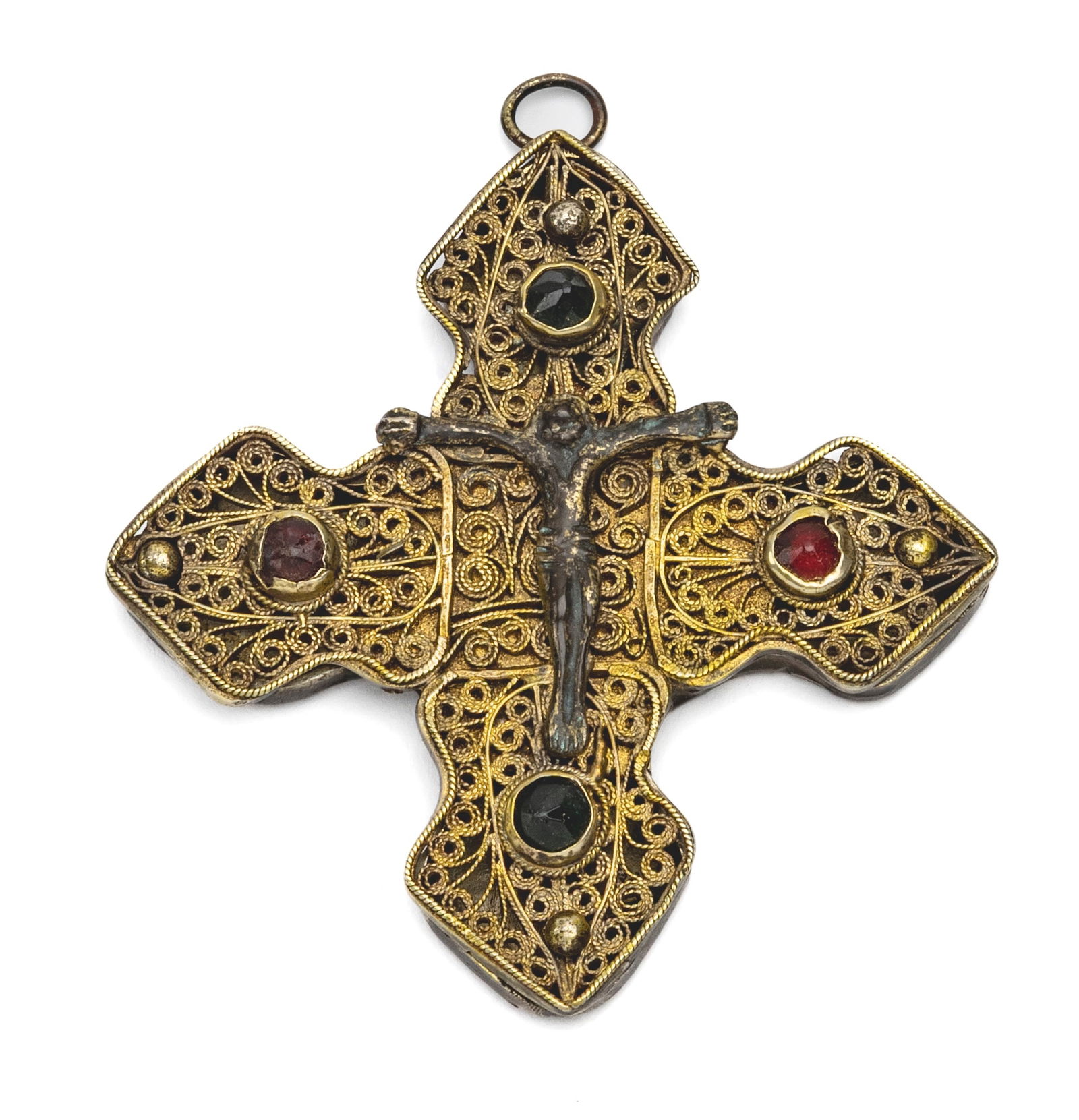 Polylobed pectoral cross in filigree silverCarrying the crucified Christ surrounded by four (1 of 2)