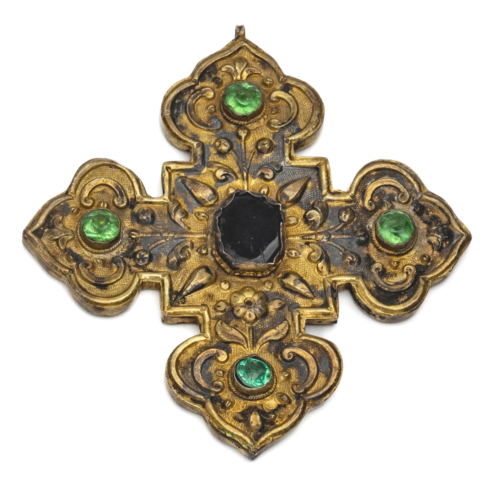 Polylobed pectoral cross in repoussé gilded silverFloral decoration, adorned with four green (1 of 2)