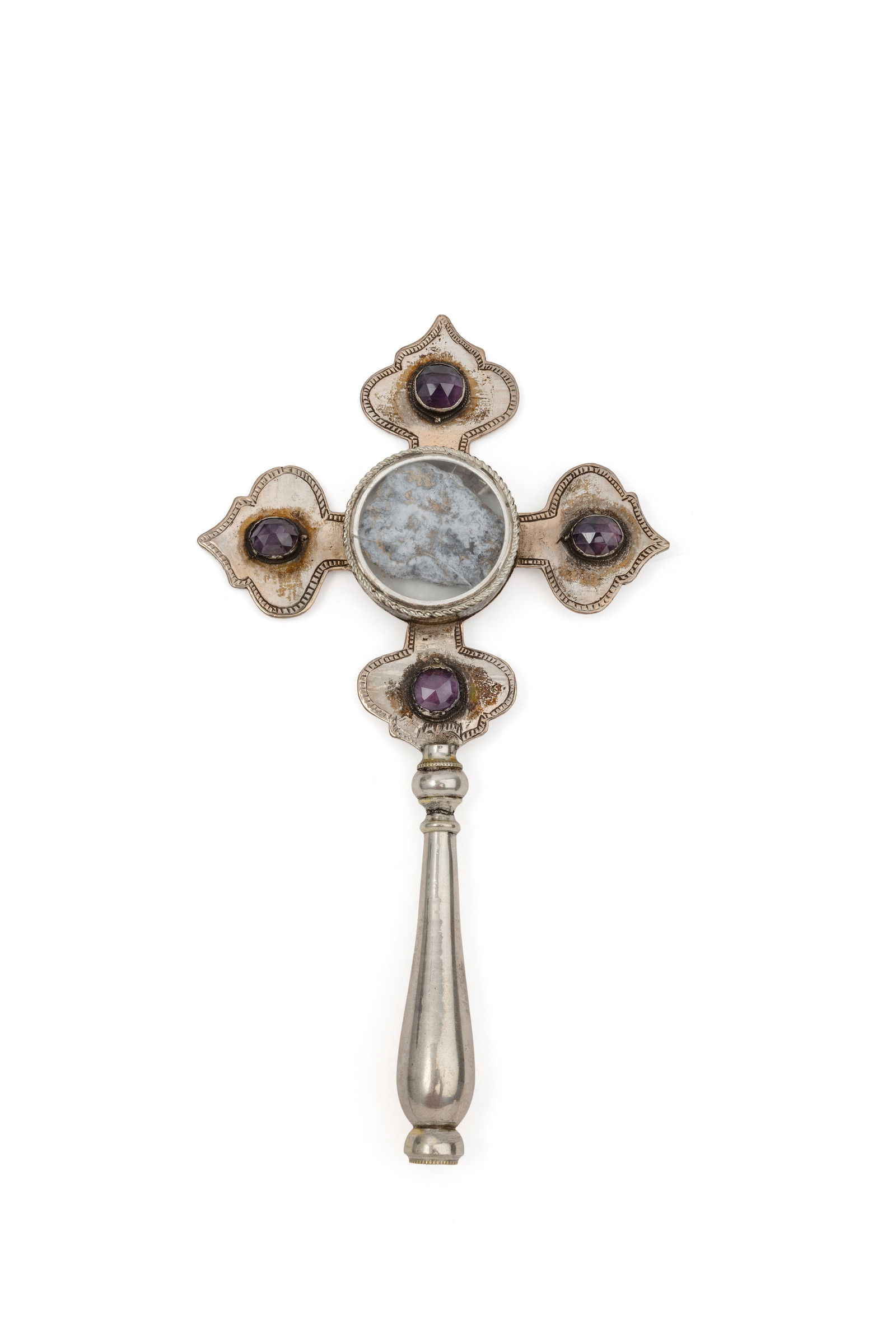 Small blessing cross-reliquary, 1749Silver cross with three-lobed branches, with an indeterminate (1 of 2)