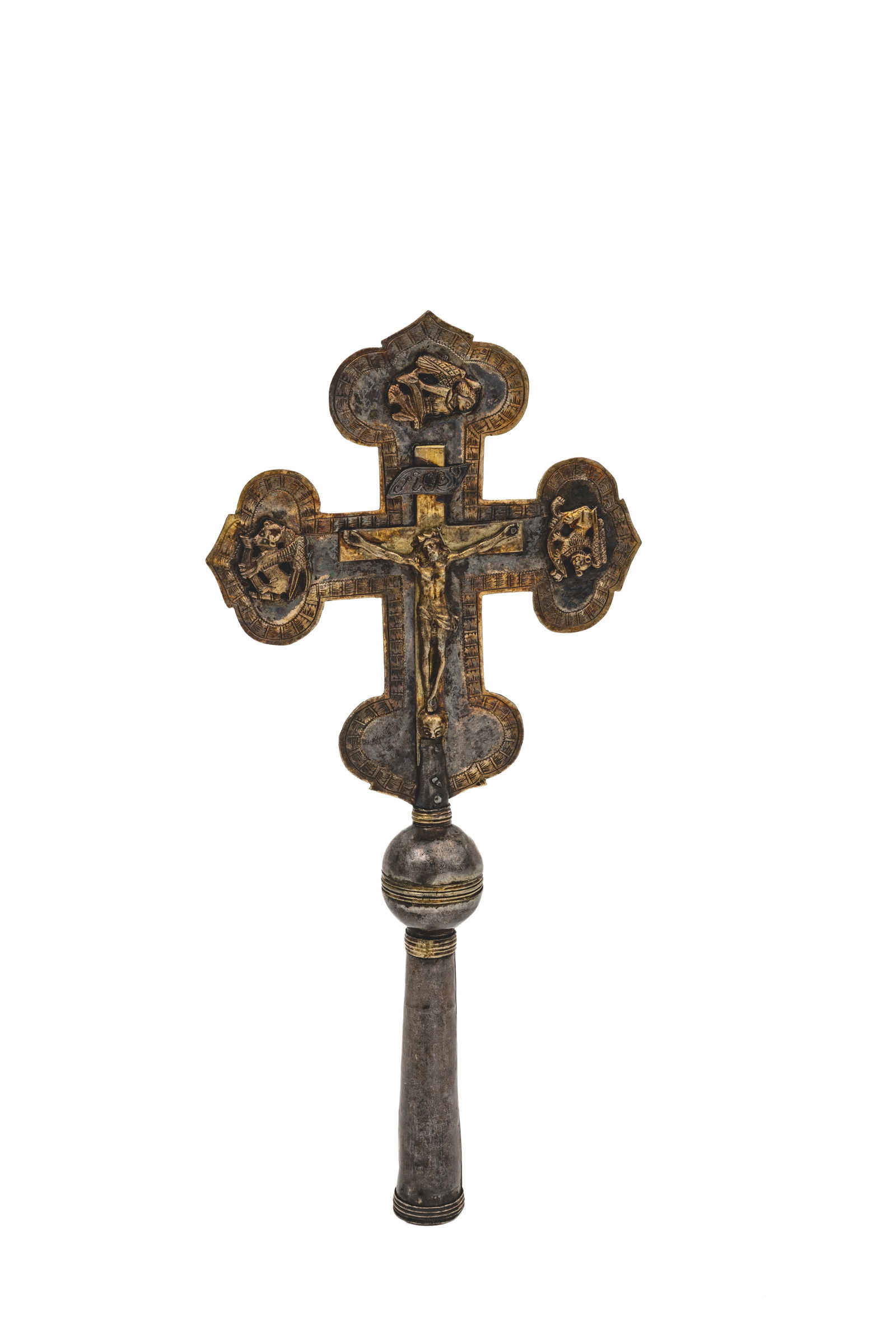 Beautiful silver crucifix, 1761Polylobed cross with the tetramorphic symbols of the Evangelists in (1 of 2)