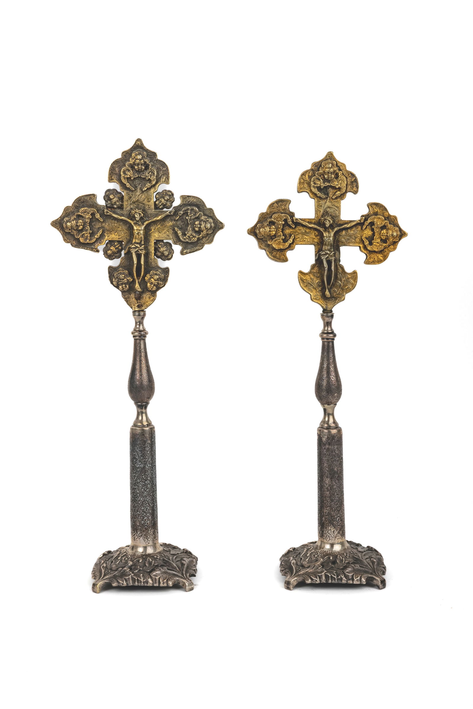 Pair of altar crucifixes, 1773The crosses, in gilded silver, with three-lobed branches with cherubs' (1 of 2)