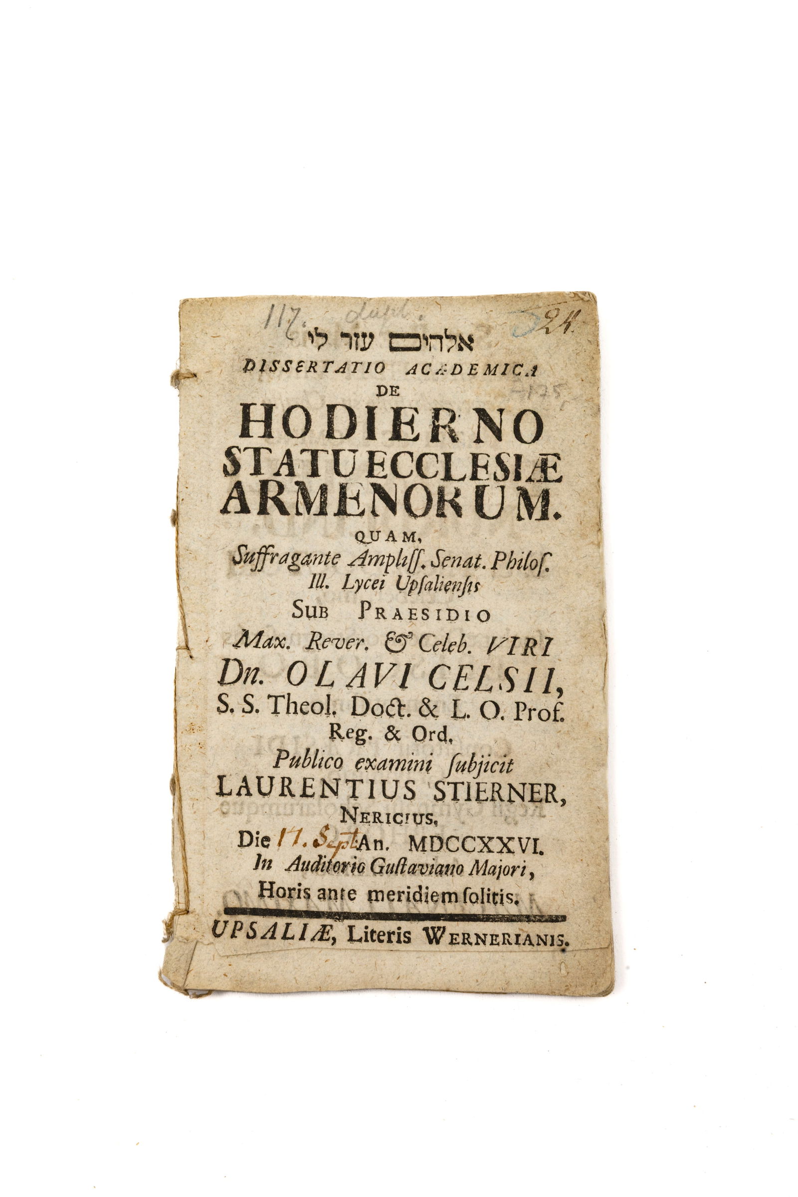Laurentius Stierner, Dissertatio academica de hodierno statu Ecclesiæ Armenorum, 1726Uppsala (1 of 3)