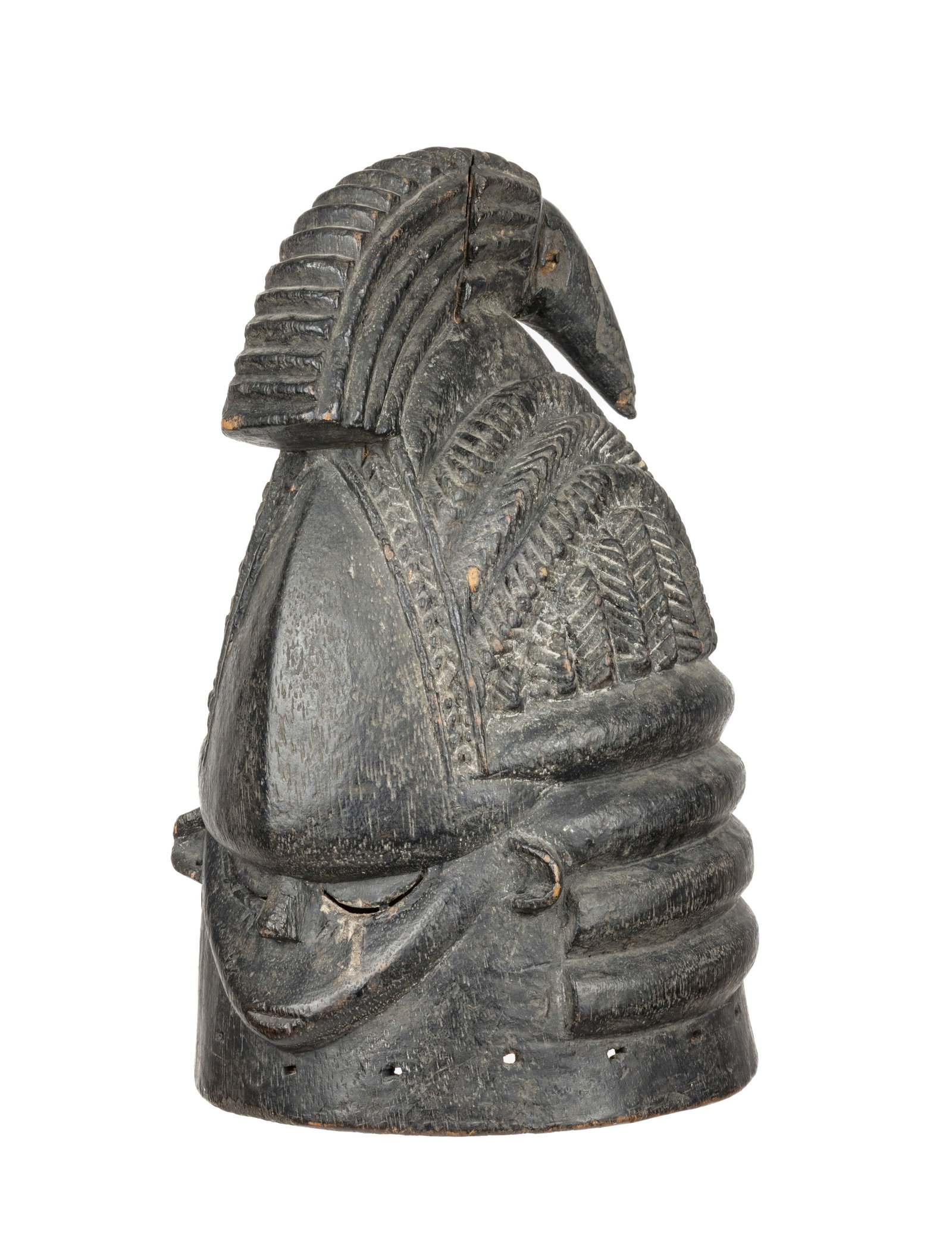 Two Mende helmet masks: Two Mende mask-casks Height: 40.6 and 43.2 cm.Sierra-Leone or Liberia, mid-20th century.One features a lowered gaze, eyelashes visible underneath, a hairstyle composed of curved and vertical braids, t