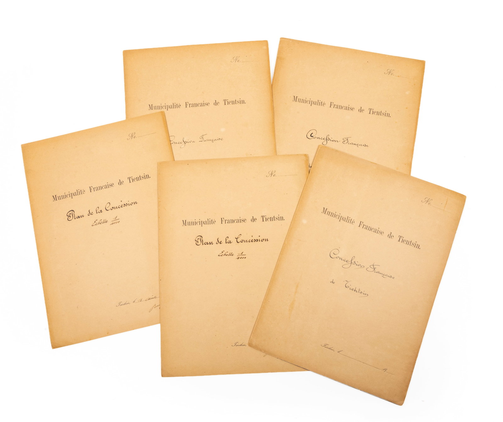 China - Foreign concessions in Tientsin…: China - Foreign concessions in Tientsin, circa 1900 Series of fold-out plans showing foreign concessions in Tientsin, before and after their development, printed on blue paper, in French. 5 original n