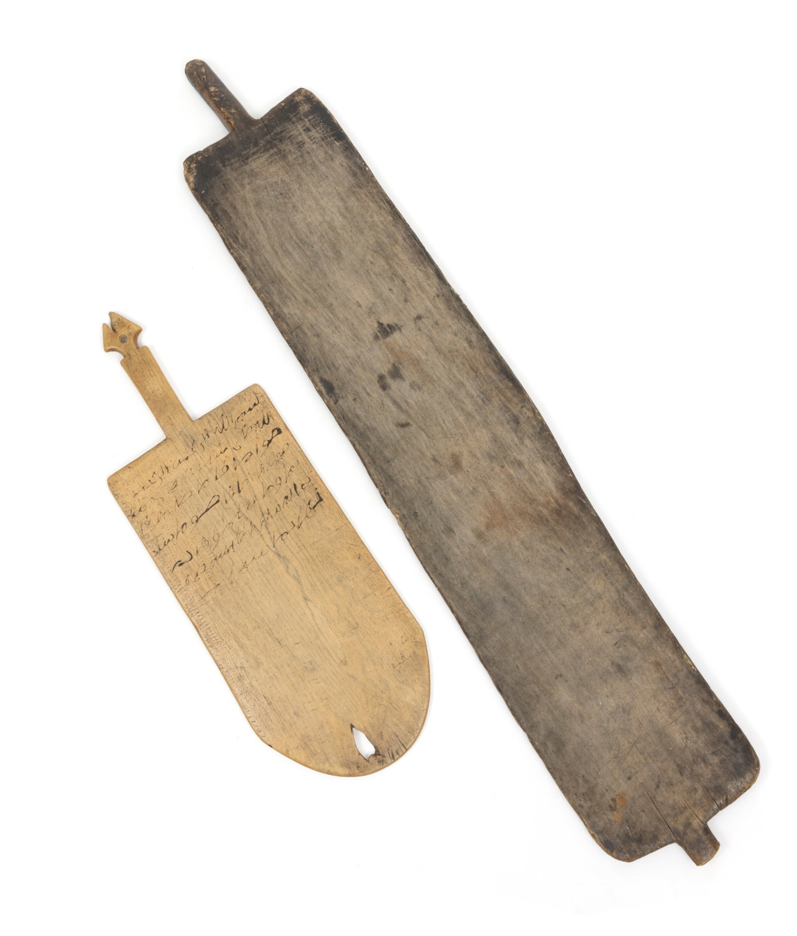 Two wooden boards with writings…: Two wooden boards with Koranic writing46 x 16 cm and 84 x 15 cm.Writing tablets of this type were commonly used in North Africa to teach the Koran: verses were written on them and then memorized by
