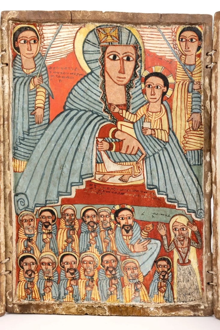 Ethiopian triptych icon: Ethiopian triptych iconTempera on wood panel covered with gesso.In the center, the Virgin and Child surrounded by Saint Michael and Saint Gabriel, and on the side panels, the Crucifixion and