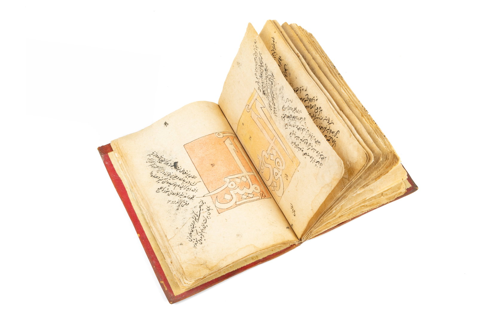 A calligraphic manuscript including…: A calligraphic manuscript containing the ninety-nine names of GodManuscript on paper, each name written in muhaqqaq script in a square on alternating pink and yellow backgrounds, key words, Persian