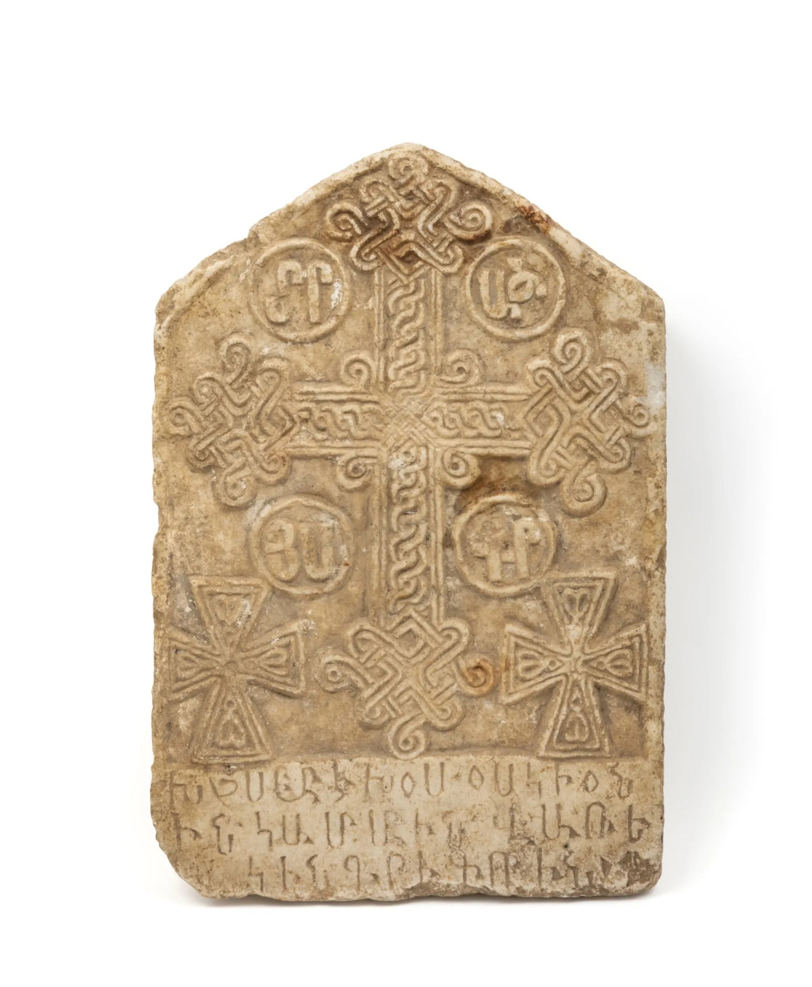 Khachkar (stone cross), 14th-15th c.: Khatchkar (stone cross), 14th-15th century Commemorative stone typical of Armenian pilgrims who visited a holy place.Large central cross with interlacing decoration surrounded by four circles featurin