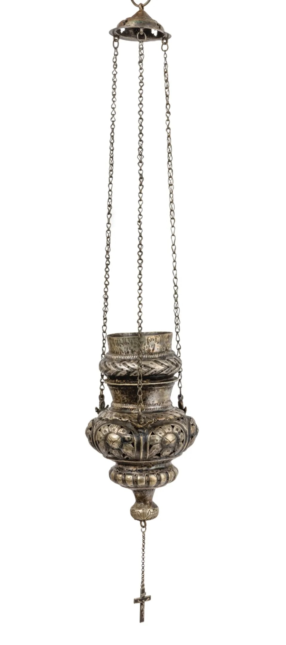 Silver and silver-plated censer, 1837: Silver and silver-plated incense burner, 1837With triple chain.Inscription in Armenian on the top of the neck dated 1837.Total height: approx. 47 cm.Ottoman Armenia, 19th century.A modern mini