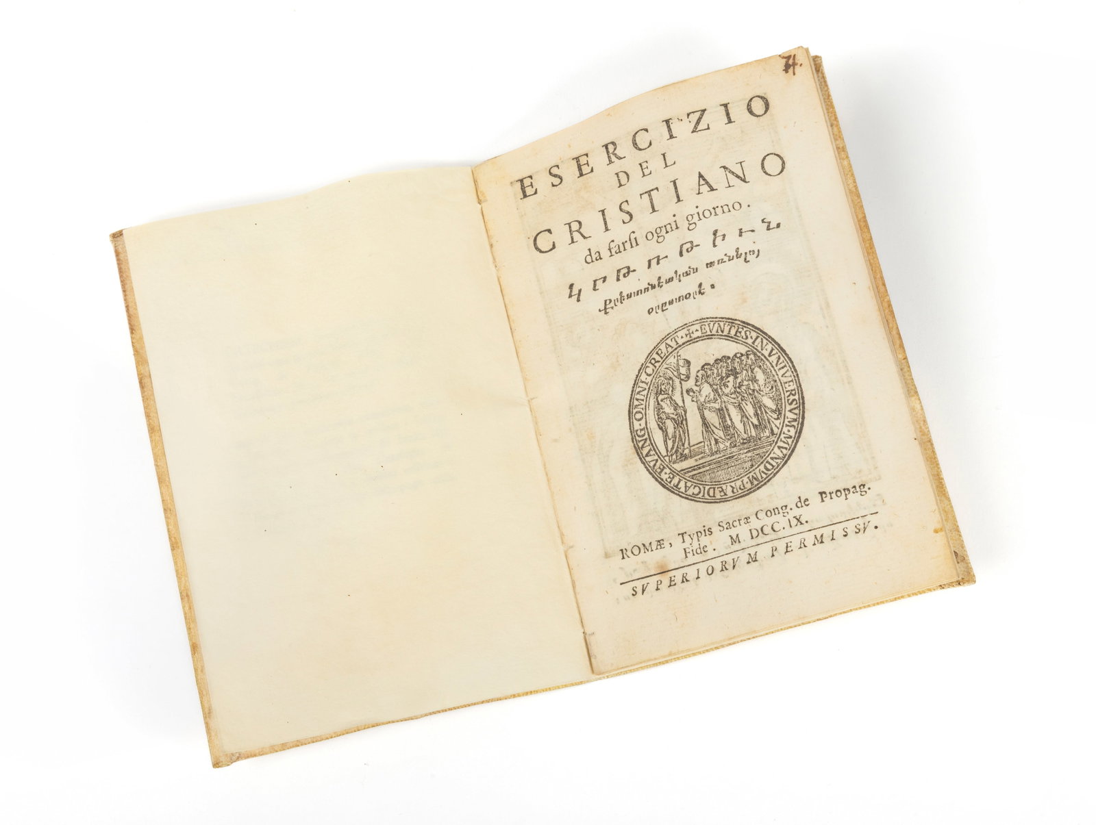 Esercizio del cristiano da farsi ogni: Esercizio del cristiano da farsi ogni giorno Rome, Typography of the Sacred Congregation of PropagandaFide, 1709.Small in-8°. 14 pages, engraving on spine of title page.Bound in contemporary
