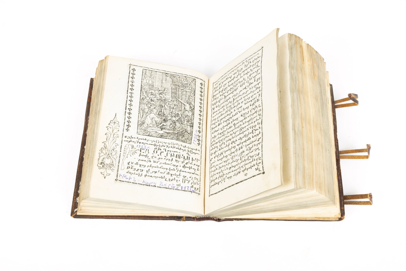 ** Book of edifying sermons: **Book of Edifying Sermons Constantinople, impr. of Sarkis Dpir known as Under the Protection of the Holy Mother of God, 1722.In-8° (16.3 x 10.5 cm). 488 pages.Ornate title page, running headpieces,