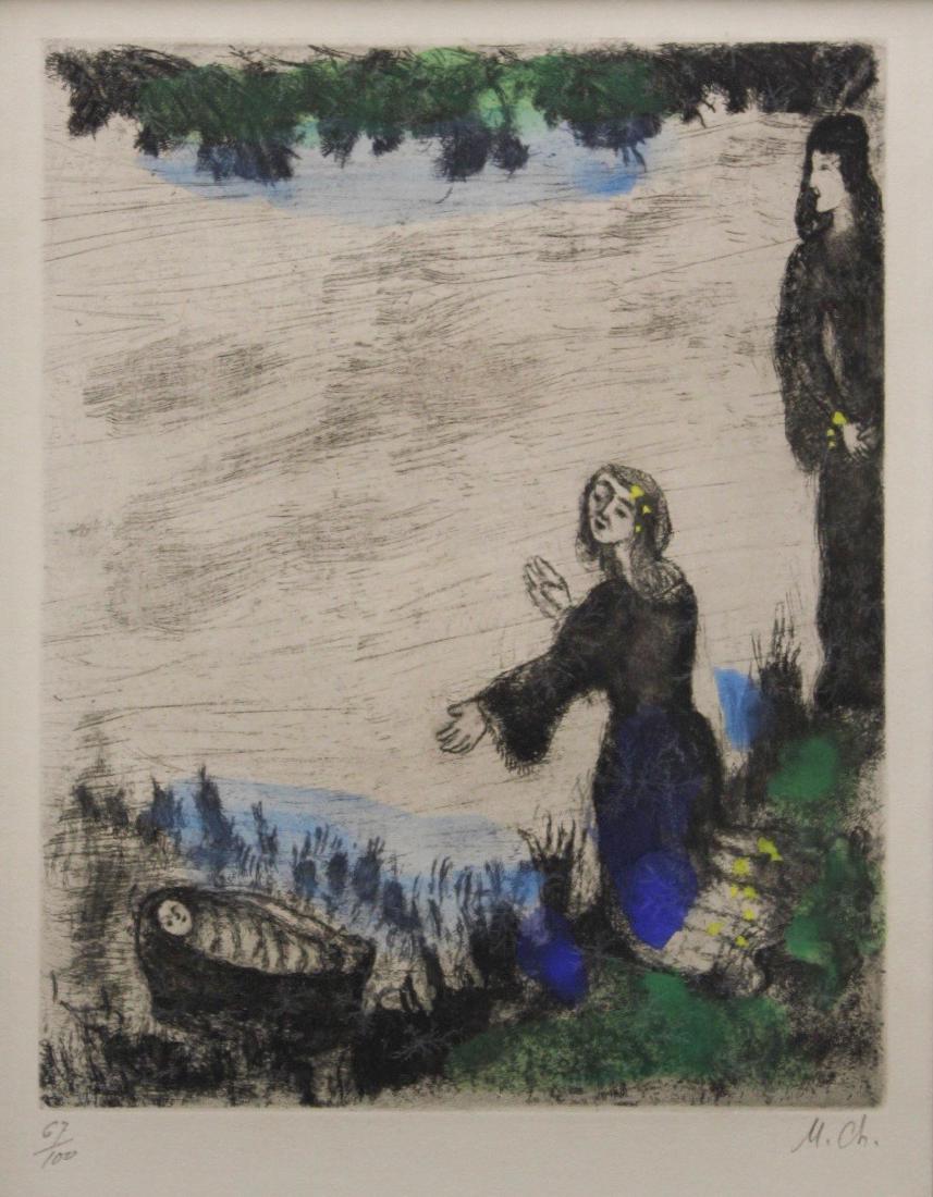 Marc Chagall (French, 1887-1985) Moses by the River: Marc Chagall (French, 1887-1985); Etching with hand-coloring on Arches wove paper, 1958 Initialed in pencil M. Ch on the lower right; numbered in pencil 67/100 on the lower left; from the portfolio Th