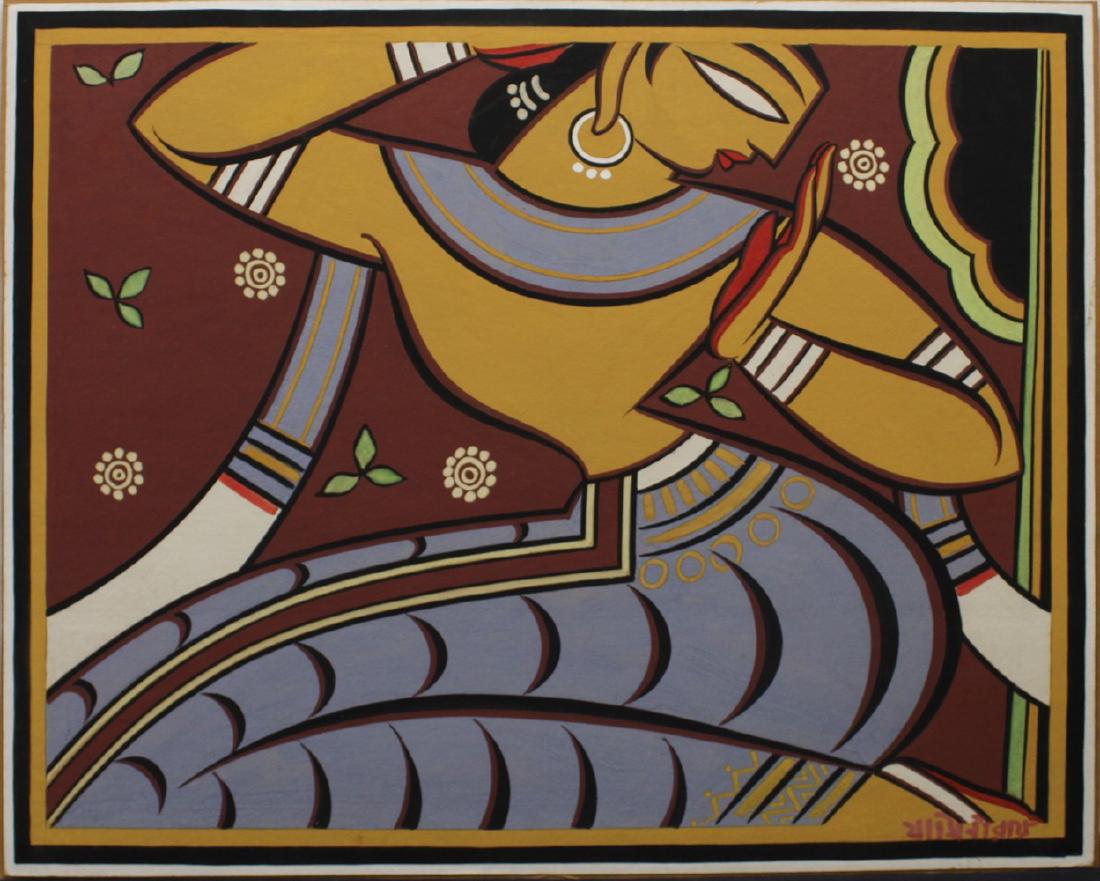 Jamini Roy (Indian, 1887-1972) Kneeling Woman: Jamini Roy (Indian, 1887-1972); c. 1960; Gouache on card; Signed in Bengali (lower right)