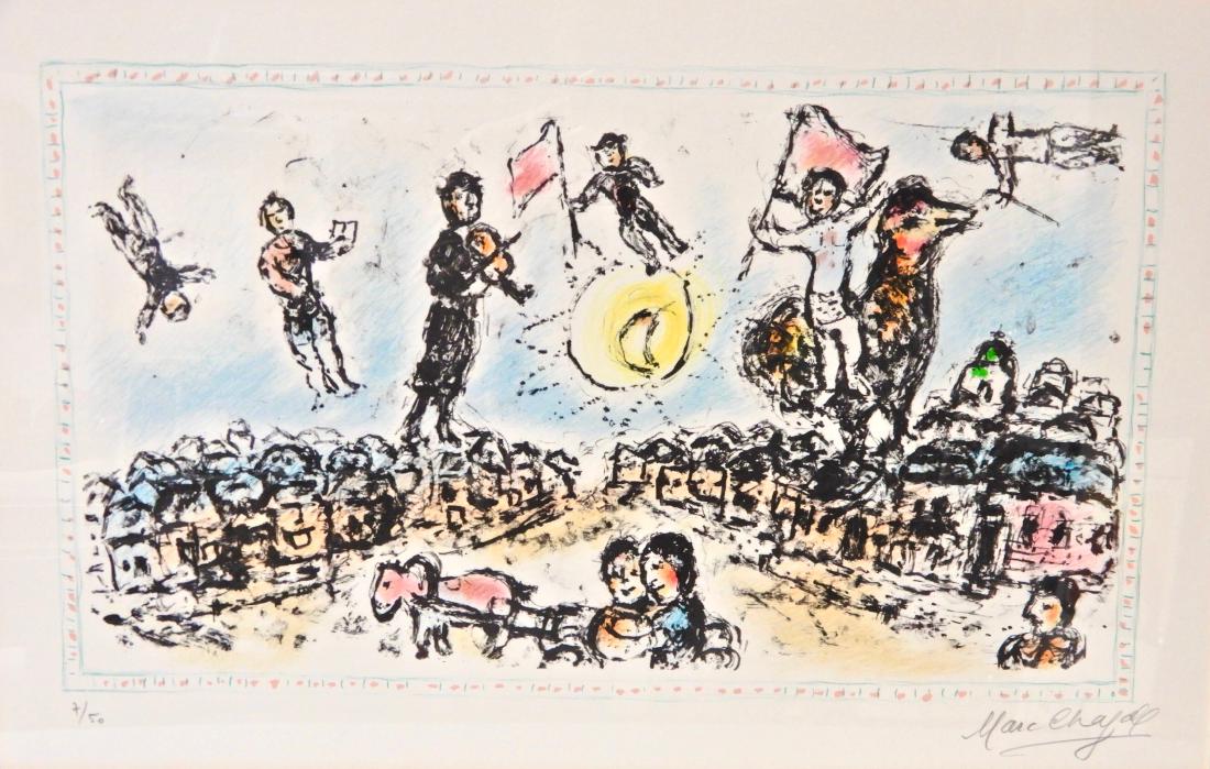 Marc Chagall (French, 1887-1985) Celebration: Marc Chagall (French, 1887-1985); One color lithograph on paper depicting several whimsical figures- a man with flowers, a woman on horseback, and several figures in flight- amongst notable Parisian m
