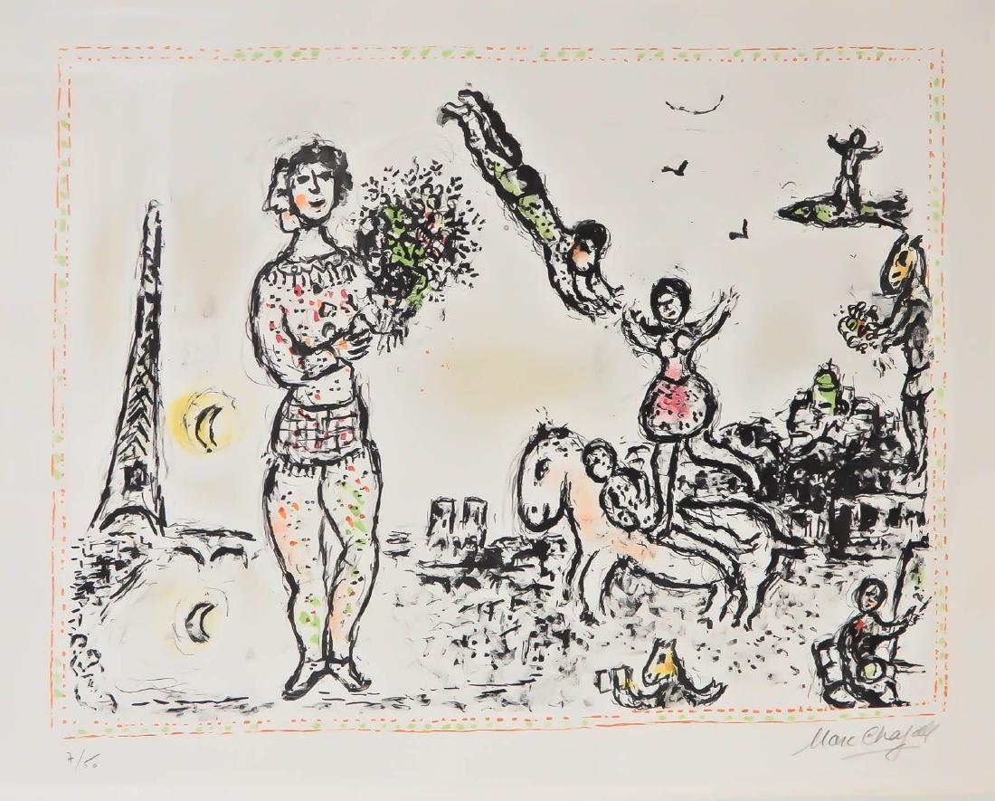 Marc Chagall (French, 1887-1985) Paris en Fete: Marc Chagall (French, 1887-1985); One color lithograph depicting several whimsical figures- a man with flowers, a woman on horseback, and several figures in flight- amongst notable Parisian monuments,