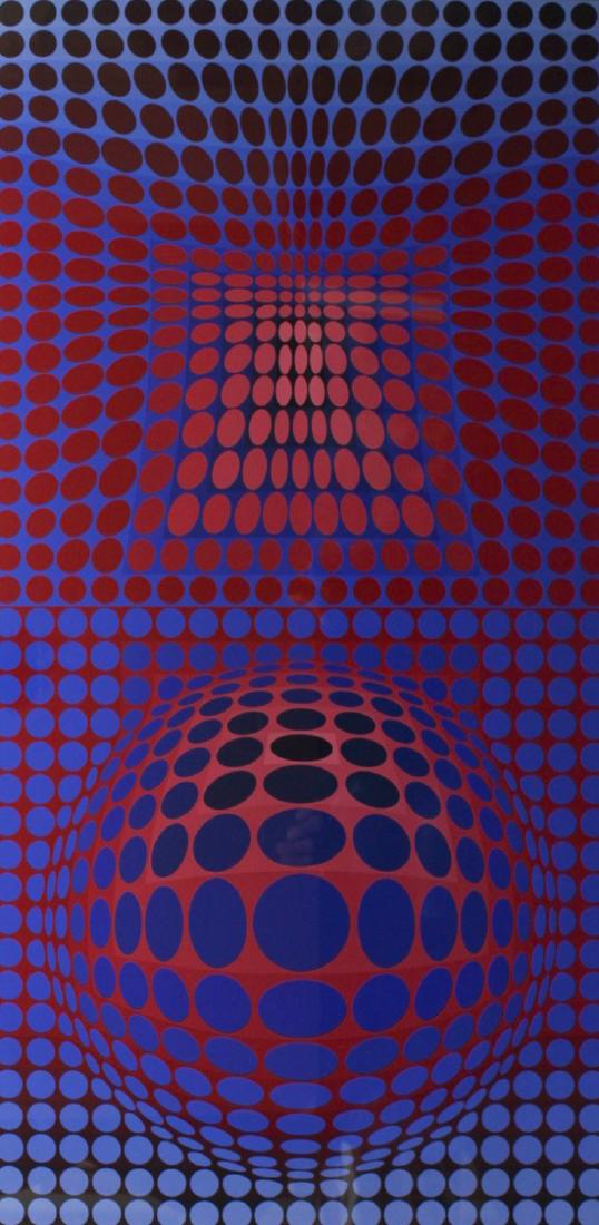 Victor Vasarely (Hungarian/French, 1906-1997): Victor Vasarely (Hungarian/French, 1906-1997) Circle and Square; color serigraph on paper; Signed bottom right. Edition: 11/190. Silver name plate is affixed to the front center on the red fabric matt