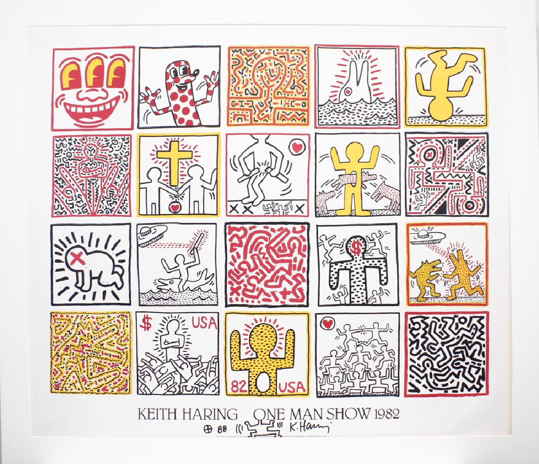 Keith Haring (American, 1958-1990); One Man Show: This print is a collective grid of Haring drawings and doodles. The poster was created for Keith Haring's One Man Show in 1982. The artwork is matted and housed in a decorative, gold-colored, wood fra