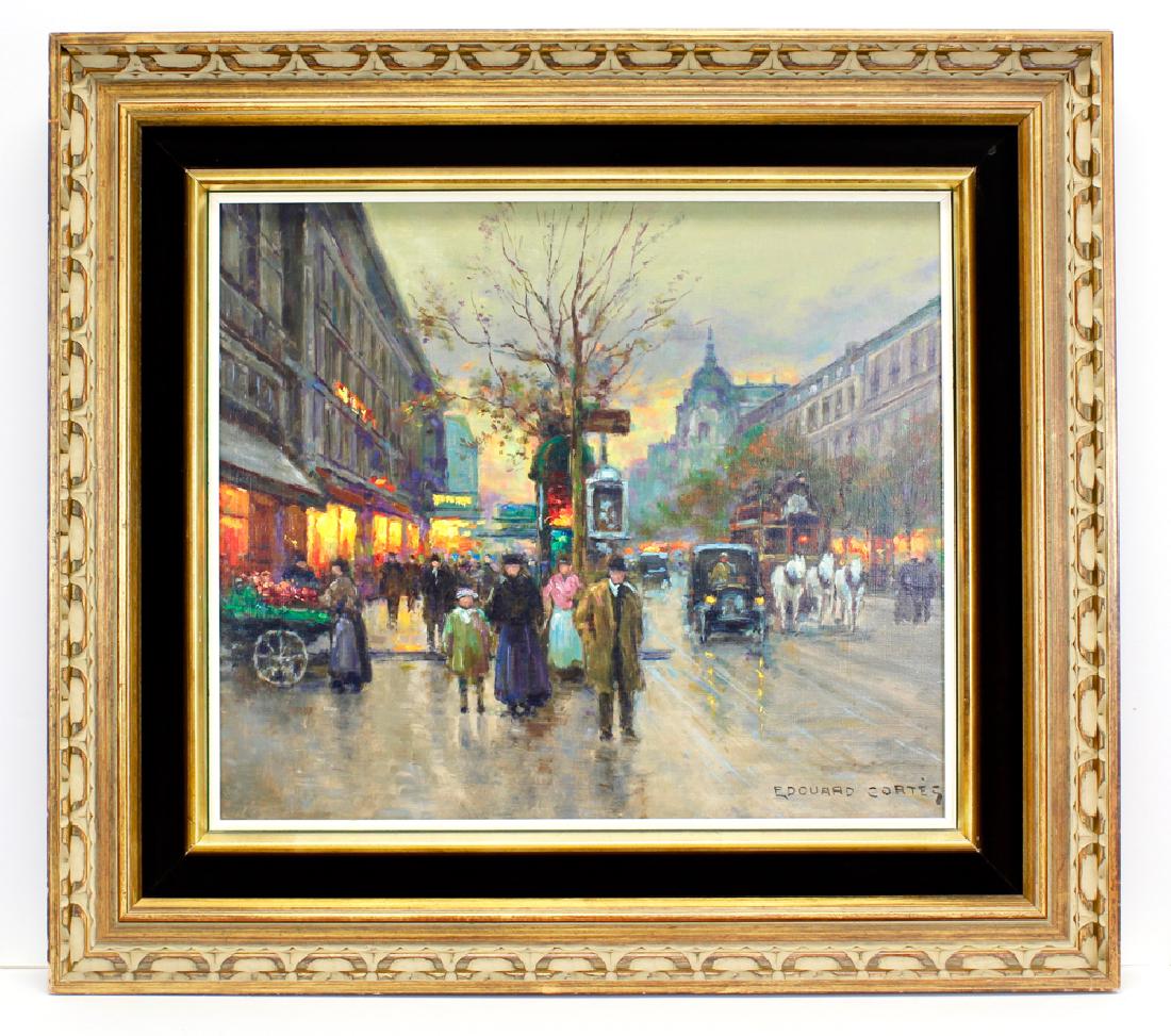 After Edouard Cortes (French, 1882-1969); Rue des: After Edouard Cortes (French, 1882-1969); Rue des Italiens; This oil painting on canvas depicts a busy Parisian street scene in the evening. The street is lined with tightly packed buildings lit by ac
