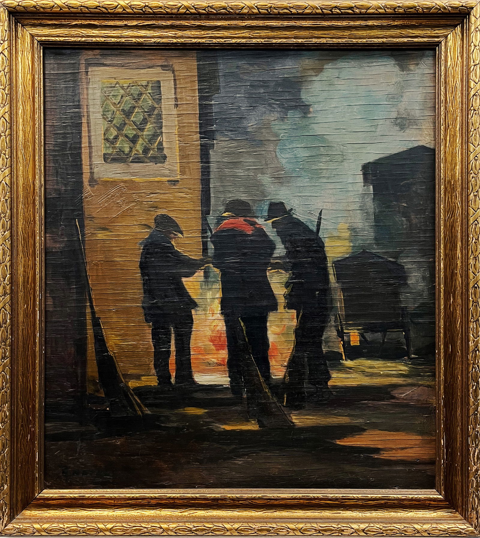 Renato Natali Oil Painting of Three Figures Over a Fire in Silouette (1 of 5)