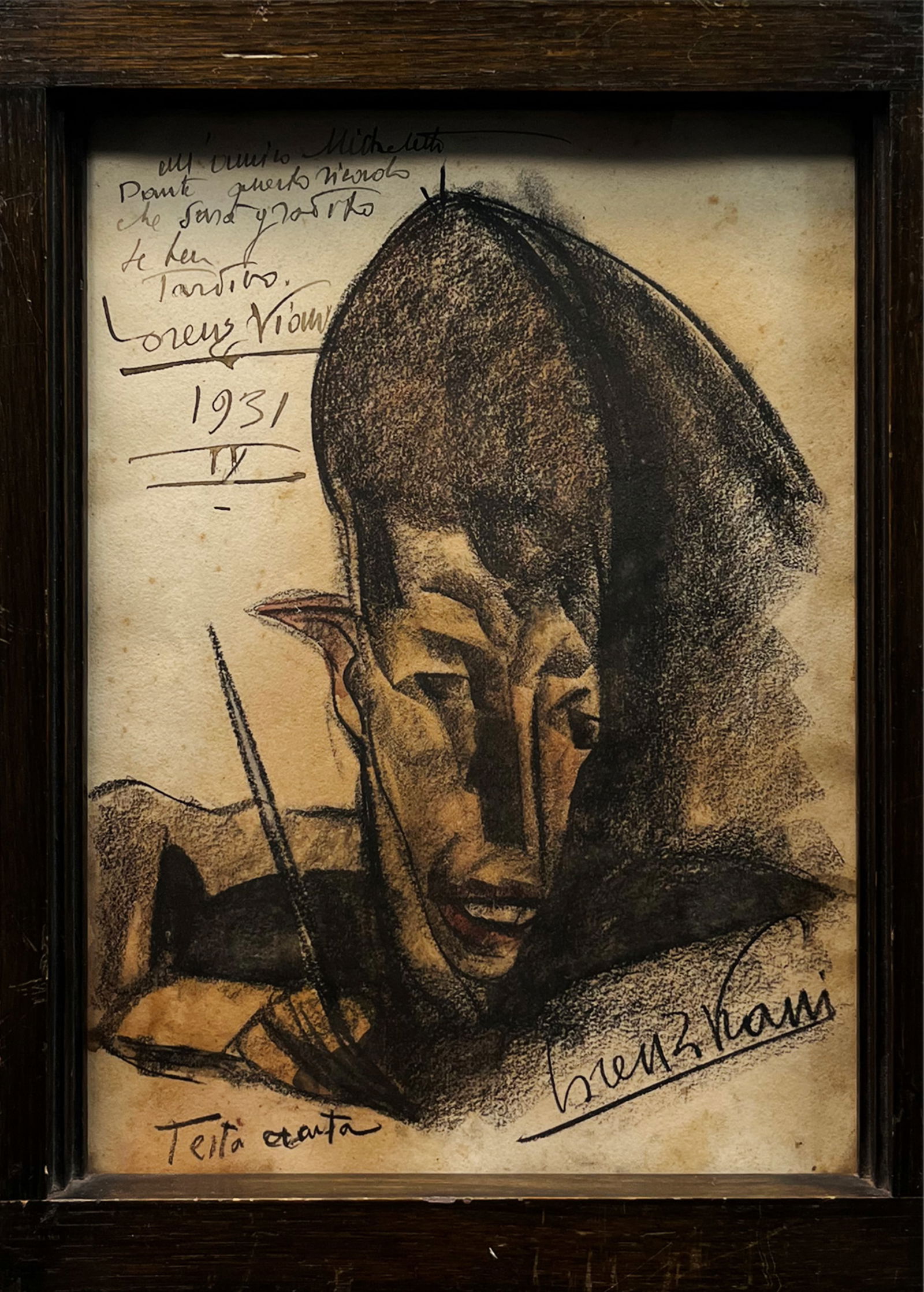 Lorenzo Viani, Charcoal Drawing of an Abstract Head Featuring Italian Writing (1 of 7)