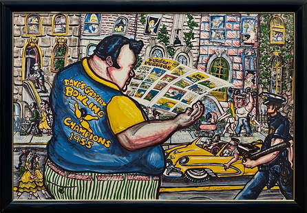 Red Grooms "Sunday Funnies" Color Lithograph: One lithograph depicting a cartoon-like scene of a man in a blue and yellow shirt and green striped shorts.The figure stands reading a comic book with a busy street scene in the background. His back m