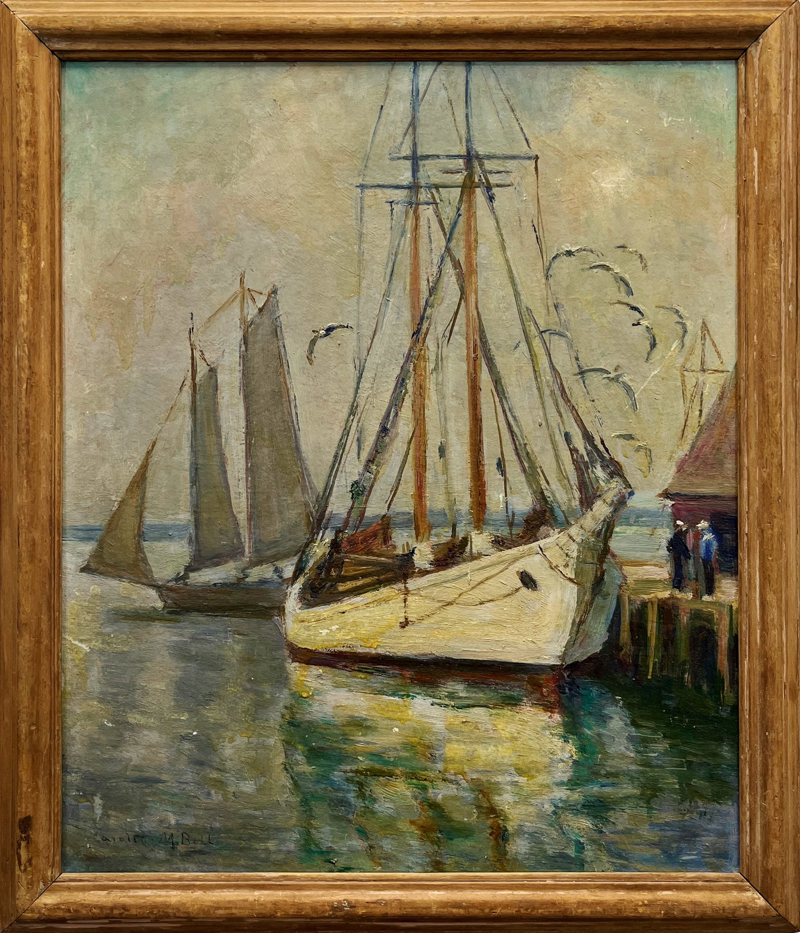 Caroline M. Bell "Harbor Scene" Oil Painting on Board (1 of 10)