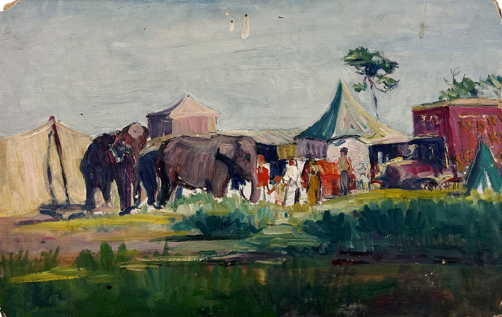 Rachel Hartley Oil Painting of an Active Circus Scene Featuring Elephants "Circus Grounds" (1 of 5)