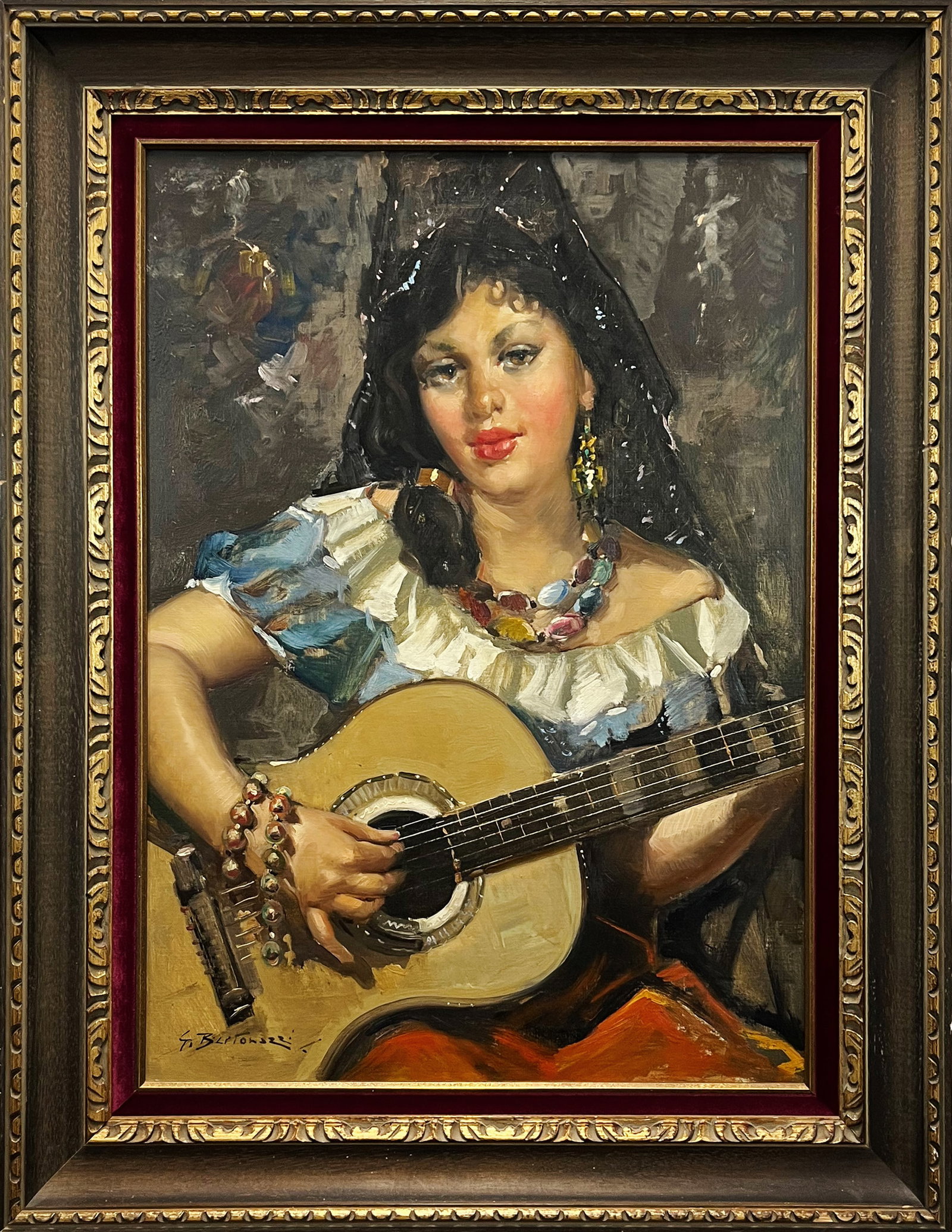 Giacinto Bertonazzi Oil Painting of a Young Woman Playing a Guitar "Girl with Chitarra": One oil painting of a woman playing a guitar. The artwork is housed in a decorative, brown- and gold-colored, wood frame with a red velvet-wrapped liner and a gold fillet. With frame: 35.25 in. x 27.7