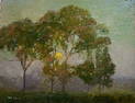 Whitney Myron Hubbard Oil Painting of a Landscape Featuring a Setting sun Behind trees