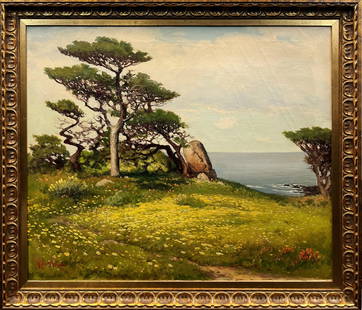 Robert William Wood "Dance of the Cypress" Oil Painting: One oil on canvas landscape painting. On the left of the composition trees are depicted in a lush green field. On the right, in the background there is a large body of water, implying a cliff behind t