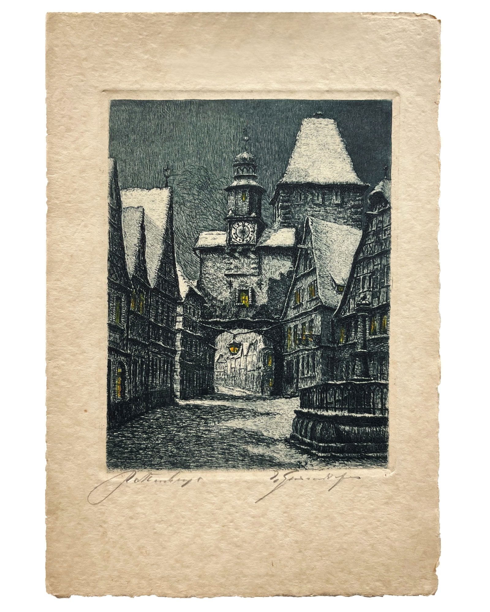 Small Hand Colored Etchings of Rothenburg, Germany in the Winter, Lot of 2 (1 of 9)