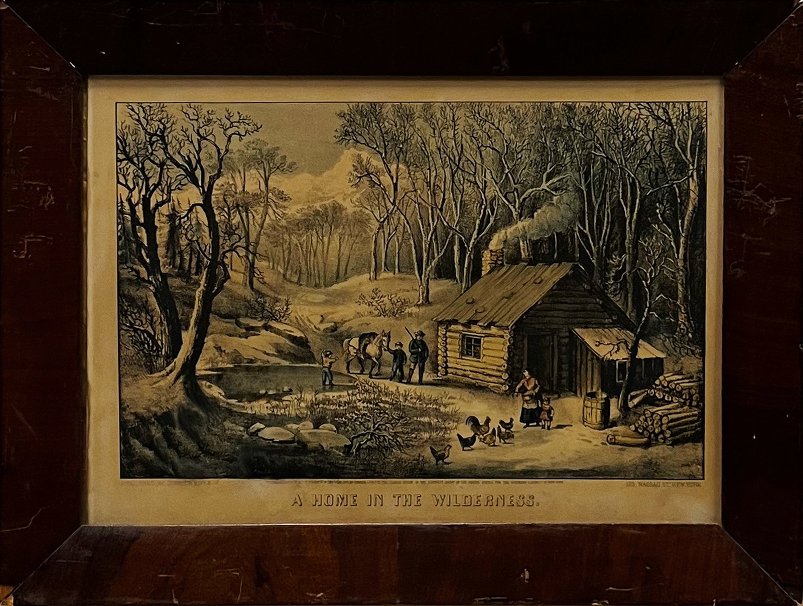 Currier and Ives "A Home in the Wilderness" Color Lithograph: One colored lithograph on paper depicting a log cabin in a wooded area. A family is seen working their homestead with farm animals about, as smoke bellows from their home's chimney. The artwork is hou