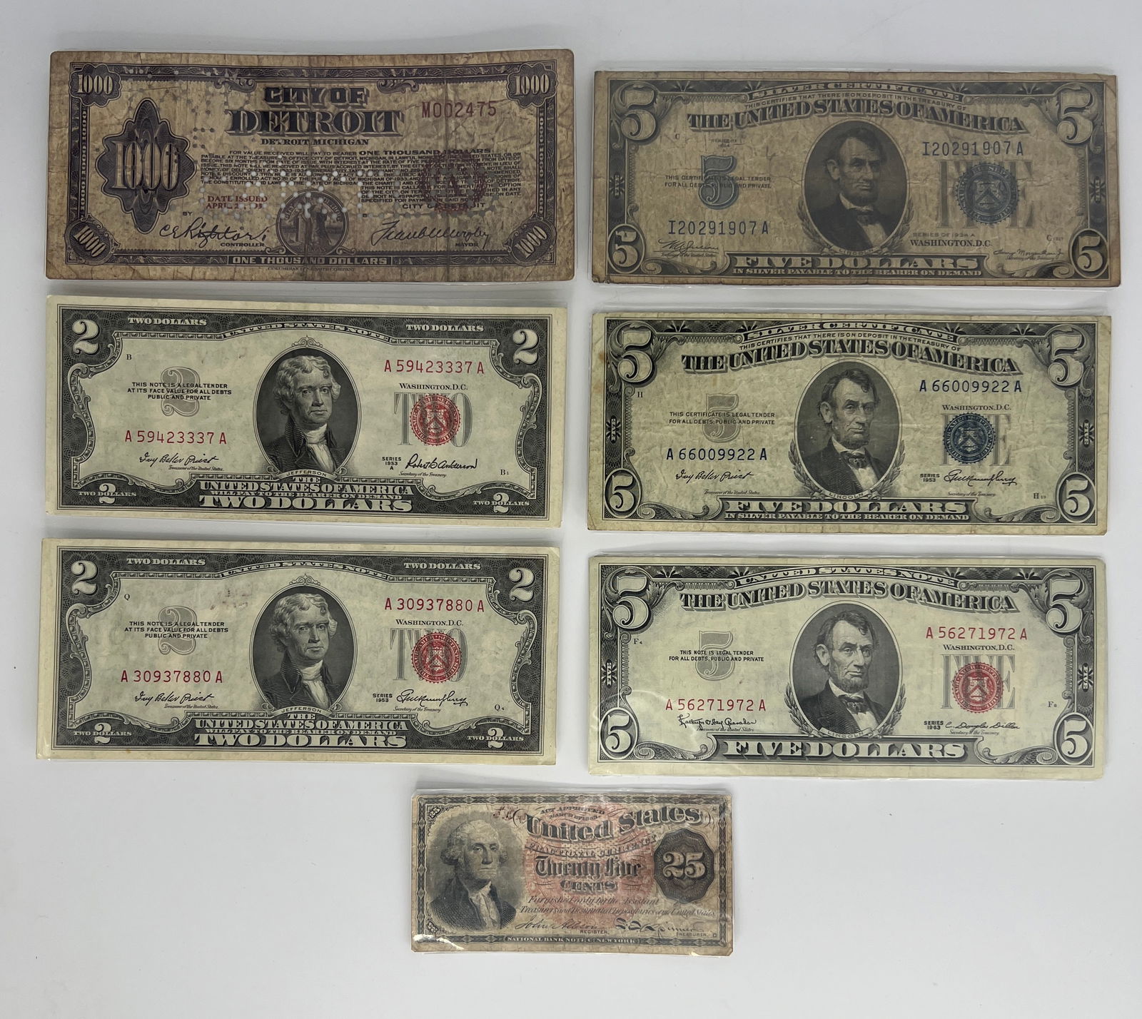 Seven United States Currency Notes. 1953 $2 bill, 1934, 1953 and 1963 $5 bill, 1934 City of Detroit (1 of 2)