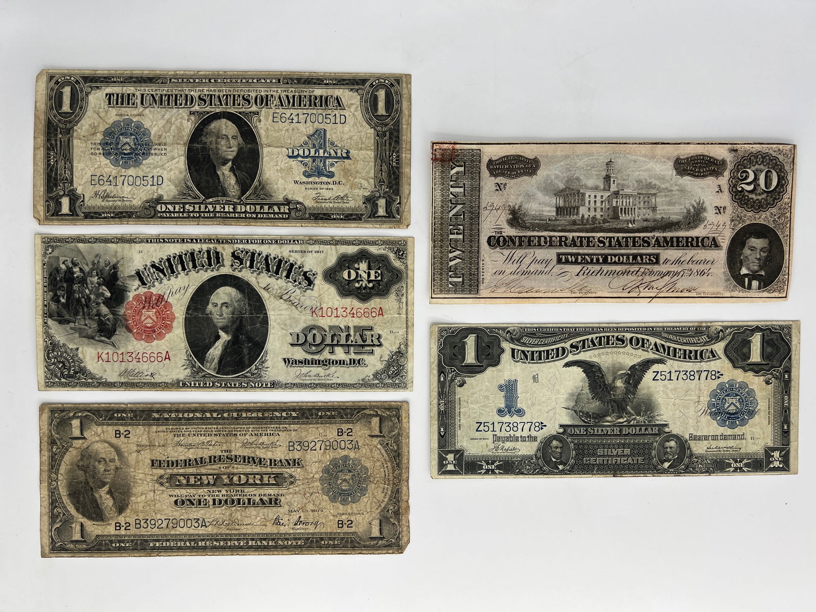 Five (5) Large Currency Notes. Confederate States of America 1864, United States 1917 $1 etc. (1 of 2)